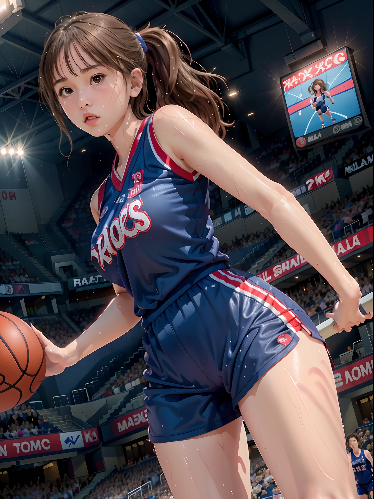 (8K, Raw photo, Best Quality, masutepiece:1.2), (Realistic, Photorealsitic:1.37),1 girl,Cute, (Solo),A detailed face, Dramatic Angle,
,Playing Basketball,Basketball Uniforms、Navel Ejection、Aside、Small breasts、Thigh opening、Throwing basketball、Slouched、Jumping、Look away,Sporty,Wet skin,Sweat,Graceful legs,Low-rise bloomers ,prolapsed butt