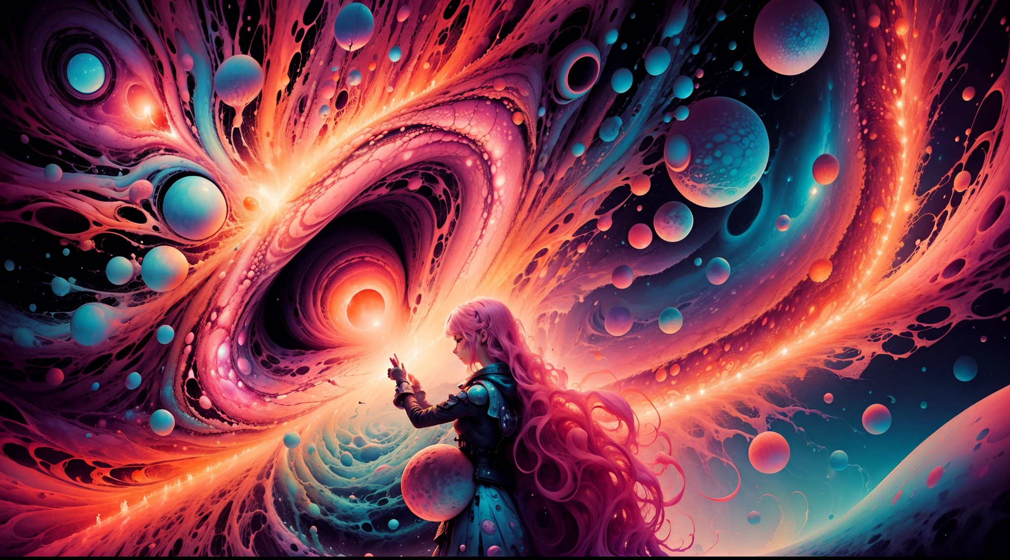1girl,a painting on pink paper showing a starry sky and Paris city,futuristic chromatic waves, girl,intricate and bizarre illustrations, swirling vortexes, detailed character illustrations, colorful turbulence, high resolution