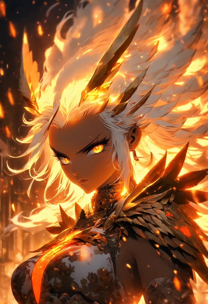 The most beautiful and sexy warlord goddess,  platinum white hair, glowing orange eyes, dark skin, highly detailed white spiked battle armor, golden angel wings, tattoos and piercings, flower pedals blowing in the wind, post apocalyptic winter world, perfect masterpiece, high quality, high resolution