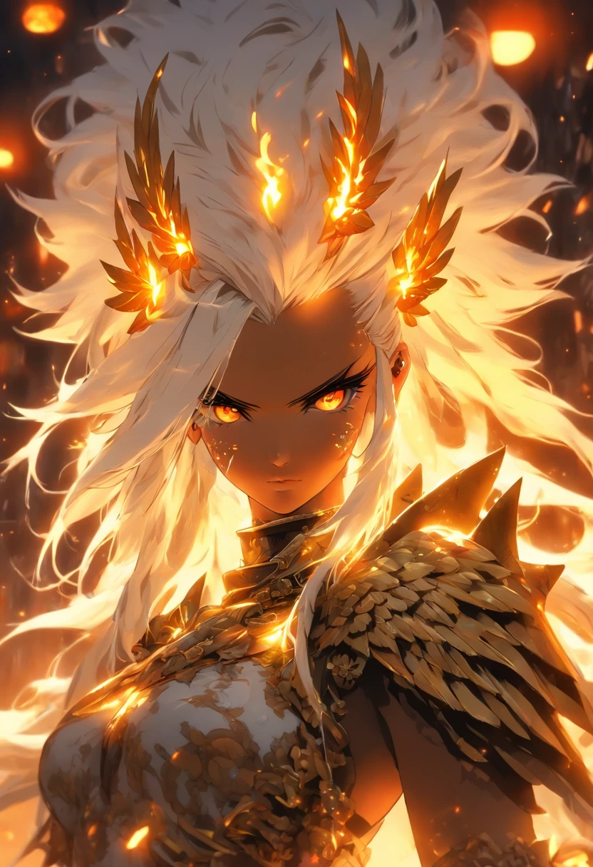 The most beautiful and sexy warlord goddess,  platinum white hair, glowing orange eyes, dark skin, highly detailed white spiked battle armor, golden angel wings, tattoos and piercings, flower pedals blowing in the wind, post apocalyptic winter world, perfect masterpiece, high quality, high resolution