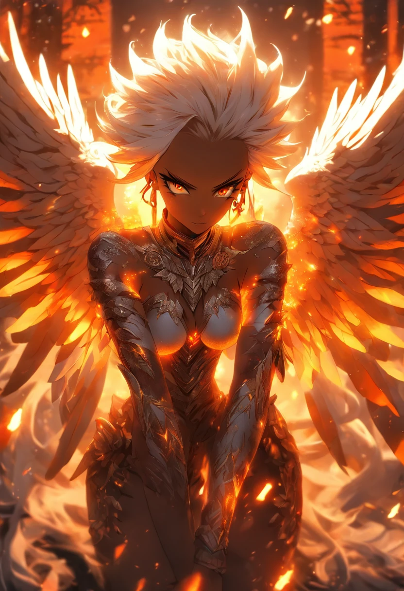 The most beautiful and sexy warlord goddess,  platinum white hair, glowing orange eyes, dark skin, highly detailed white spiked battle armor, golden angel wings, tattoos and piercings, flower pedals blowing in the wind, post apocalyptic winter world, perfect masterpiece, high quality, high resolution