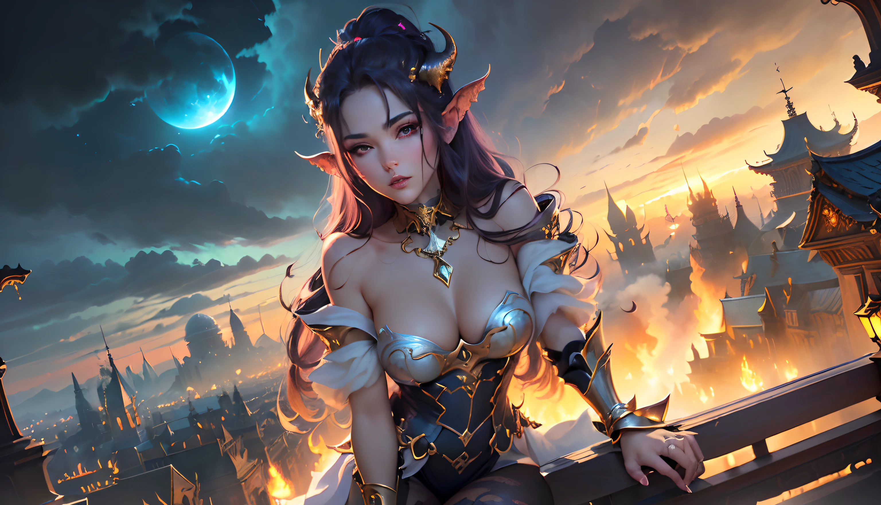 ((Need)), ((tmasterpiece)), (A detailed), Enchanting succubus, Sexy beauty, Perched in clouds, (fantasy illustrations:1.3), Seductive gaze, Charming seductive pose, tight top, wearing golden armour,otherworldly charm, Mysterious Sky, Strange fire clouds,the setting sun,moon full,Seductive pose,Chibi Ancient City,Large portrait building,Head facing right。