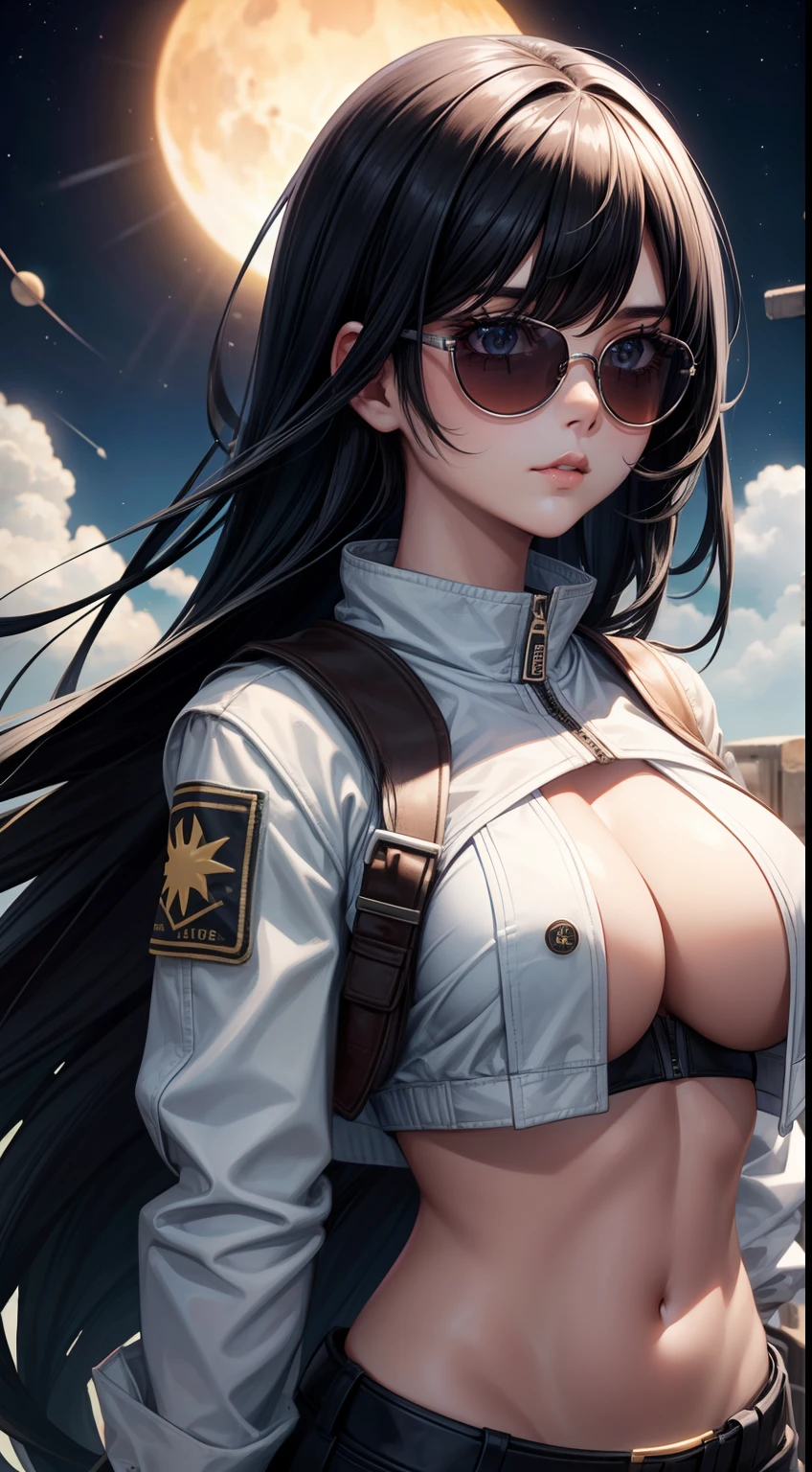 1girl, black hair, long hair, white, big boobs, bra, crop jacket, planet, sun glasses, meteor, comet, end world