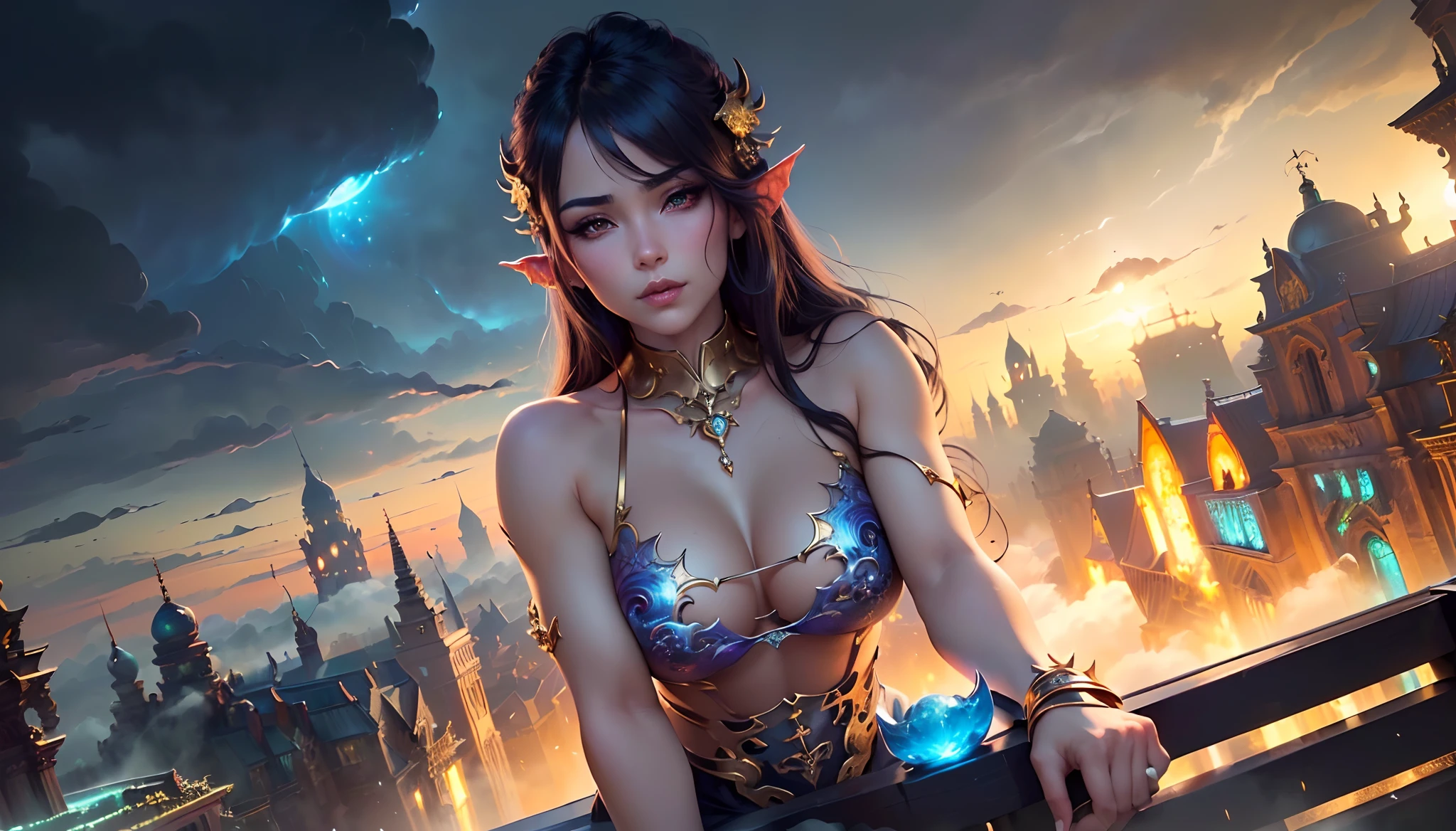((Need)), ((tmasterpiece)), (A detailed), Enchanting succubus, Sexy beauty, Perched in clouds, (fantasy illustrations:1.3), Seductive gaze, Charming seductive pose, tight top, wearing golden armour,otherworldly charm, Mysterious Sky, Strange fire clouds,the setting sun,moon full,Seductive pose,Chibi Ancient City,Large portrait building,Head facing right。