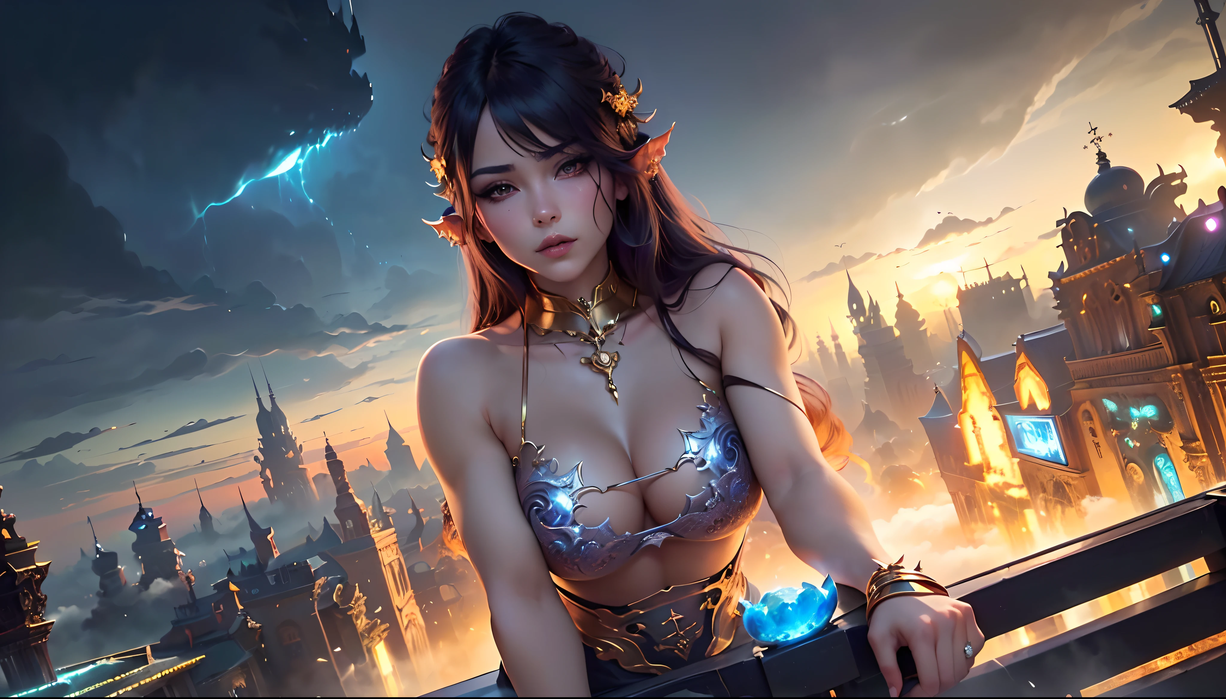 ((Need)), ((tmasterpiece)), (A detailed), Enchanting succubus, Sexy beauty, Perched in clouds, (fantasy illustrations:1.3), Seductive gaze, Charming seductive pose, tight top, wearing golden armour,otherworldly charm, Mysterious Sky, Strange fire clouds,the setting sun,moon full,Seductive pose,Chibi Ancient City,Large portrait building,Head facing right。