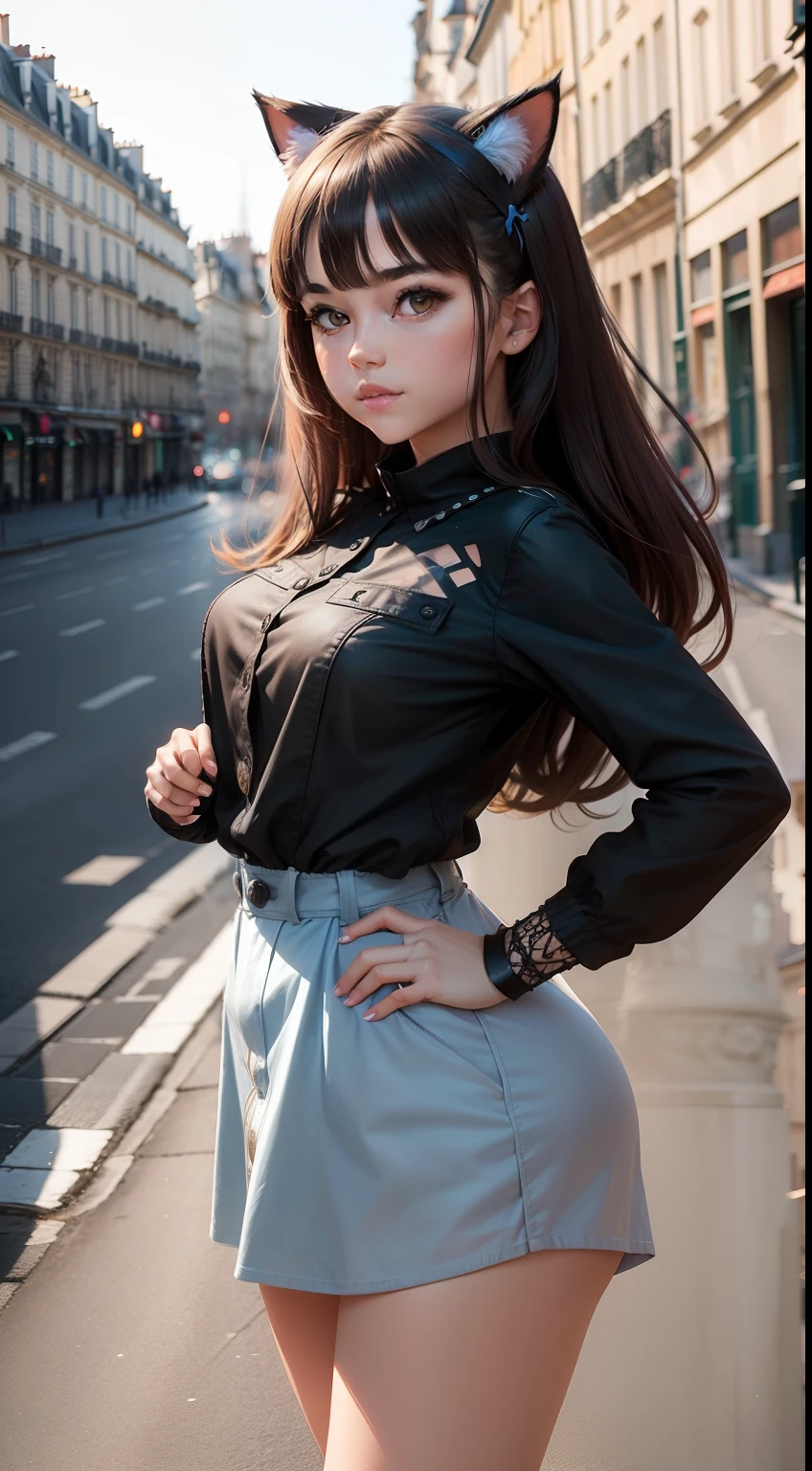 Generate an image of a girl with cute cat ears, striking a pose for a photo amidst the enchanting backdrop of Paris.