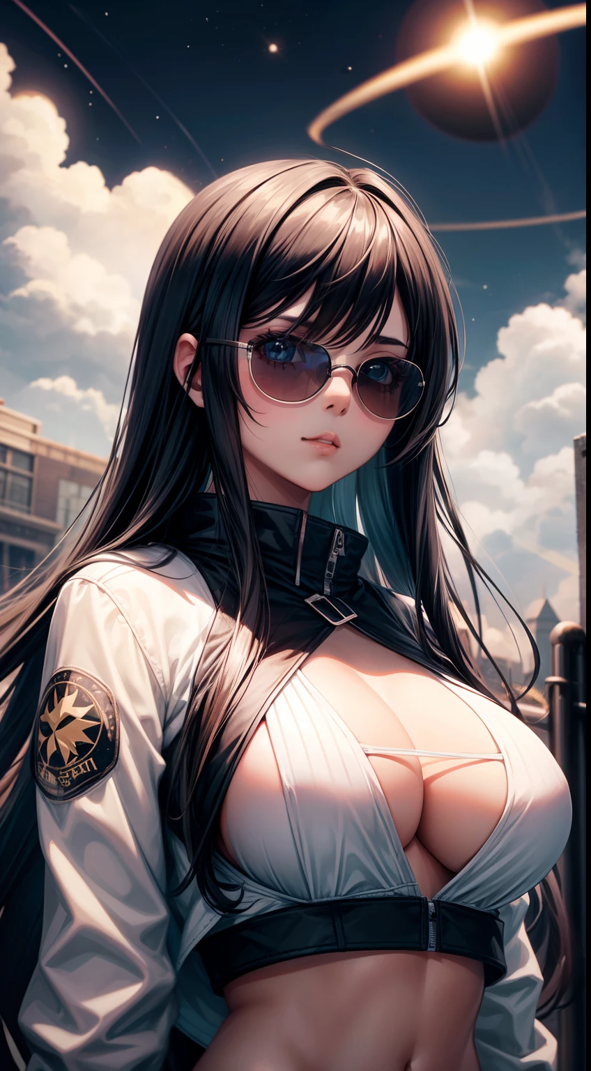 1girl, black hair, long hair, white, big boobs, bra, crop jacket, planet, sun glasses, meteor, comet, end world