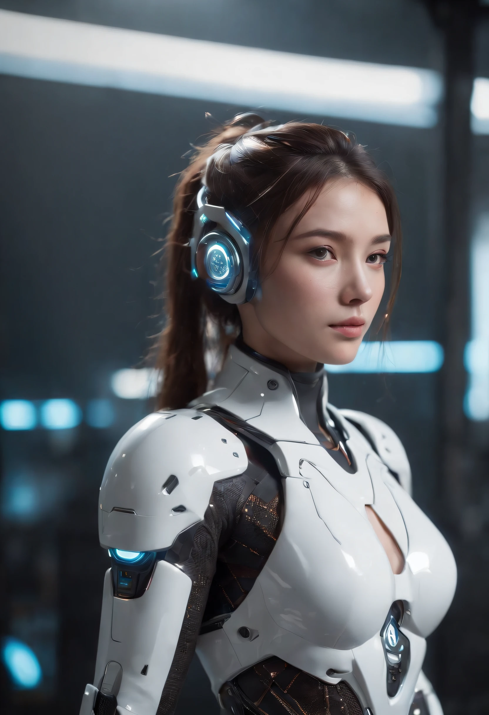 ((Top  Quality)), ((​masterpiece)), ((realisitic)), (The Details), (Photorealcitic:1.5), The Girl of the Future, Japanese people,(thick body), (White bodysuit), 23years old,The armor lights up, Cybernetic hat, Abdominal exposure,Looking at the camera, dynamicposes, Science-Fiction, HDR, Ray traching, NVIDIA RTX, The ultra-Highres, Unreal 5, Sub-surface scattering, PBR Texturing, Post-processing, Anisotropic Filtering, depth of fields, Maximum Sharpness and Sharpness, thirds rule、8K Raw、(luminescent particles:1.4)、(super detailed CG、Unity 8K Wallpapers、..3D、lighting like a movie、lensflare)、Reflector、foco nítido、Cyberpunk Art、Cyberpunk architecture、