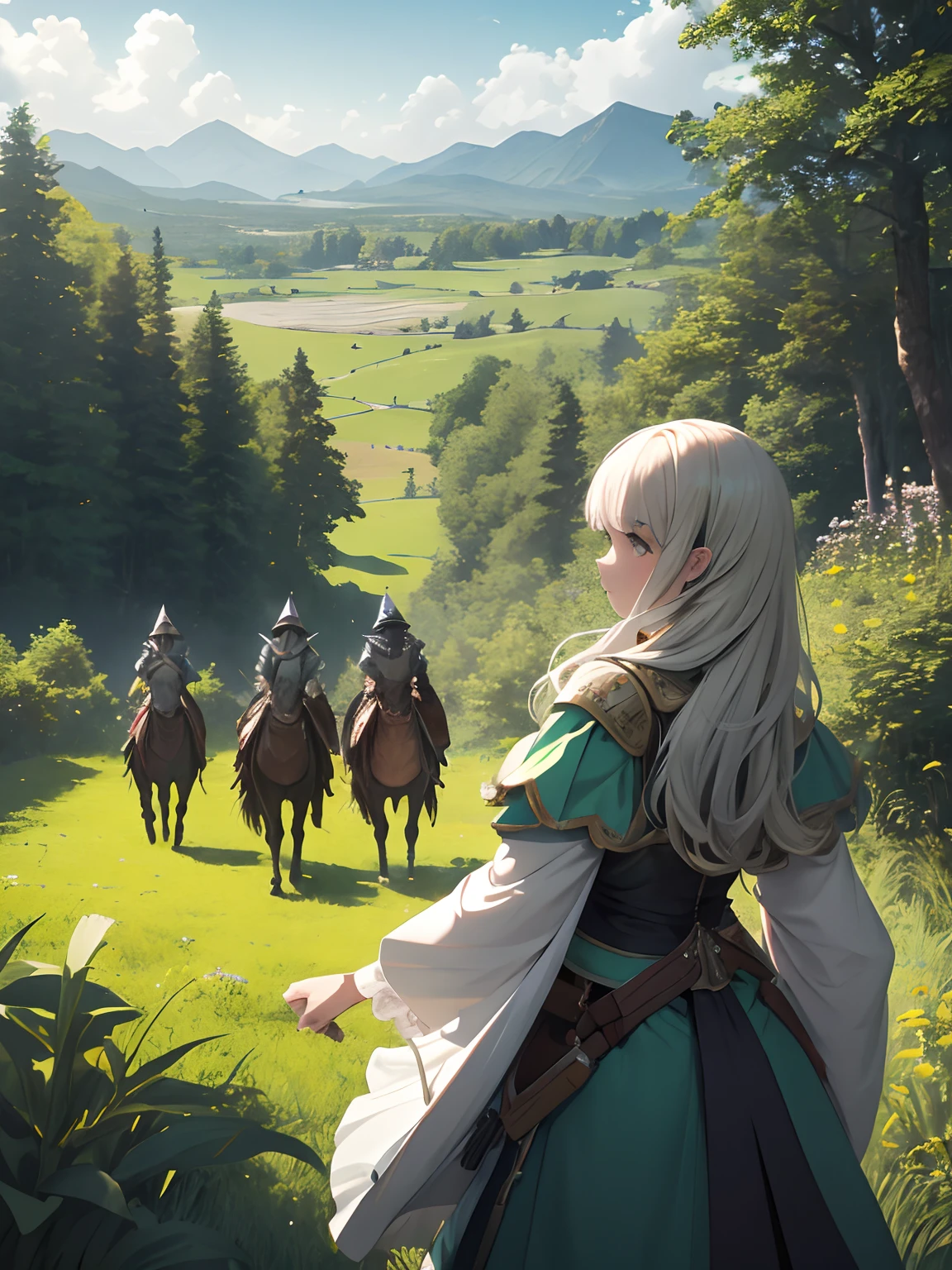 In a green meadow stands a girl leading a group of knights.
BREAK
With a brave expression, she guides them towards their destination.
BREAK
Behind her, a green forest stretches out and beyond that, mountains rise in the distance.
BREAK
The most suitable effect for this scene would be a watercolor painting technique to capture the softness of the meadow and the fluidity of the movement.