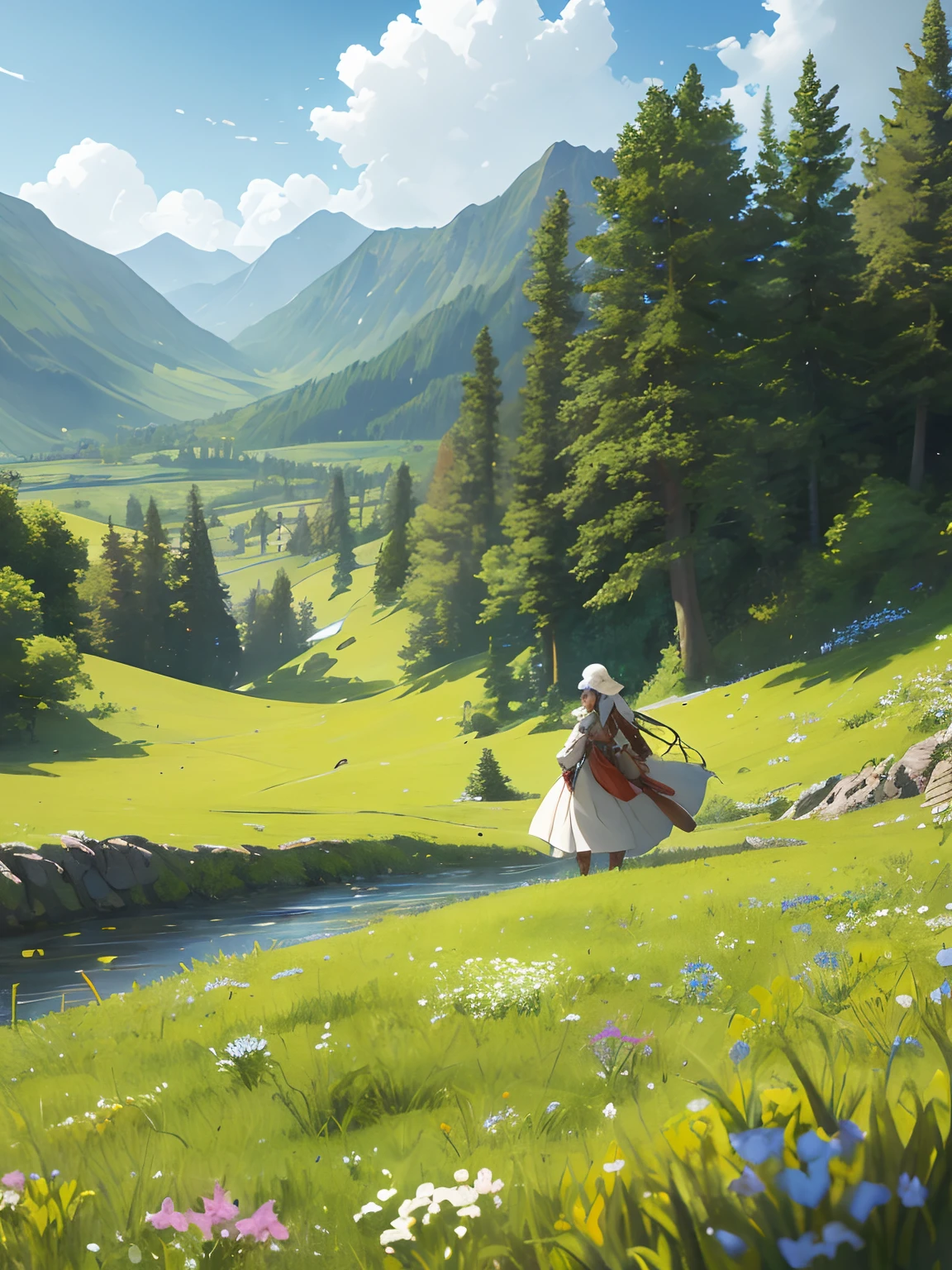 In a green meadow stands a girl leading a group of knights.
BREAK
With a brave expression, she guides them towards their destination.
BREAK
Behind her, a green forest stretches out and beyond that, mountains rise in the distance.
BREAK
The most suitable effect for this scene would be a watercolor painting technique to capture the softness of the meadow and the fluidity of the movement.