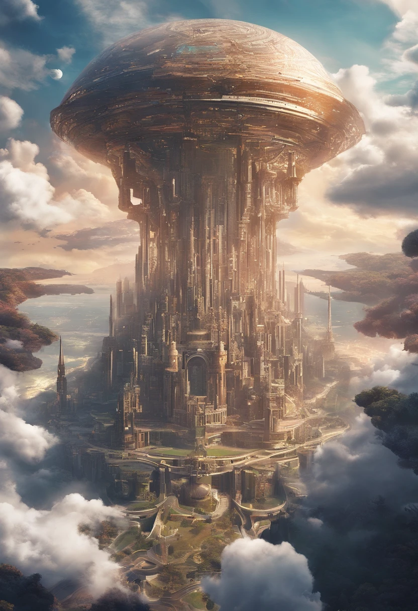 ((Un vasto mundo sobre las nubes:1.2)), (((Nubes hasta donde alcanza la vista))), (A large and magnificent castle in the center), La ciudad del castillo se extiende alrededor del castillo, Innumerables dirigibles volando alrededor del castillo, during the day, The sky is clear, (Fotorrealista, 8k, Masutepiece:1.3)