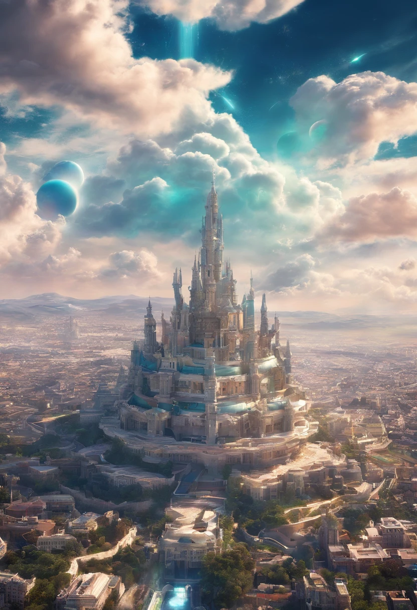 ((Un vasto mundo sobre las nubes:1.2)), (((Nubes hasta donde alcanza la vista))), (A large and magnificent castle in the center), La ciudad del castillo se extiende alrededor del castillo, Innumerables dirigibles volando alrededor del castillo, during the day, The sky is clear, (Fotorrealista, 8k, Masutepiece:1.3)