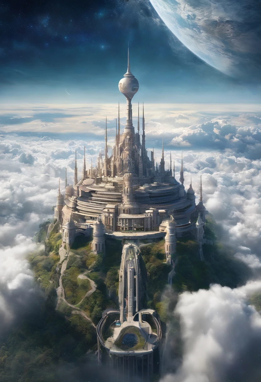 ((Un vasto mundo sobre las nubes:1.2)), (((Nubes hasta donde alcanza la vista))), (A large and magnificent castle in the center), La ciudad del castillo se extiende alrededor del castillo, Innumerables dirigibles volando alrededor del castillo, during the day, The sky is clear, (Fotorrealista, 8k, Masutepiece:1.3)