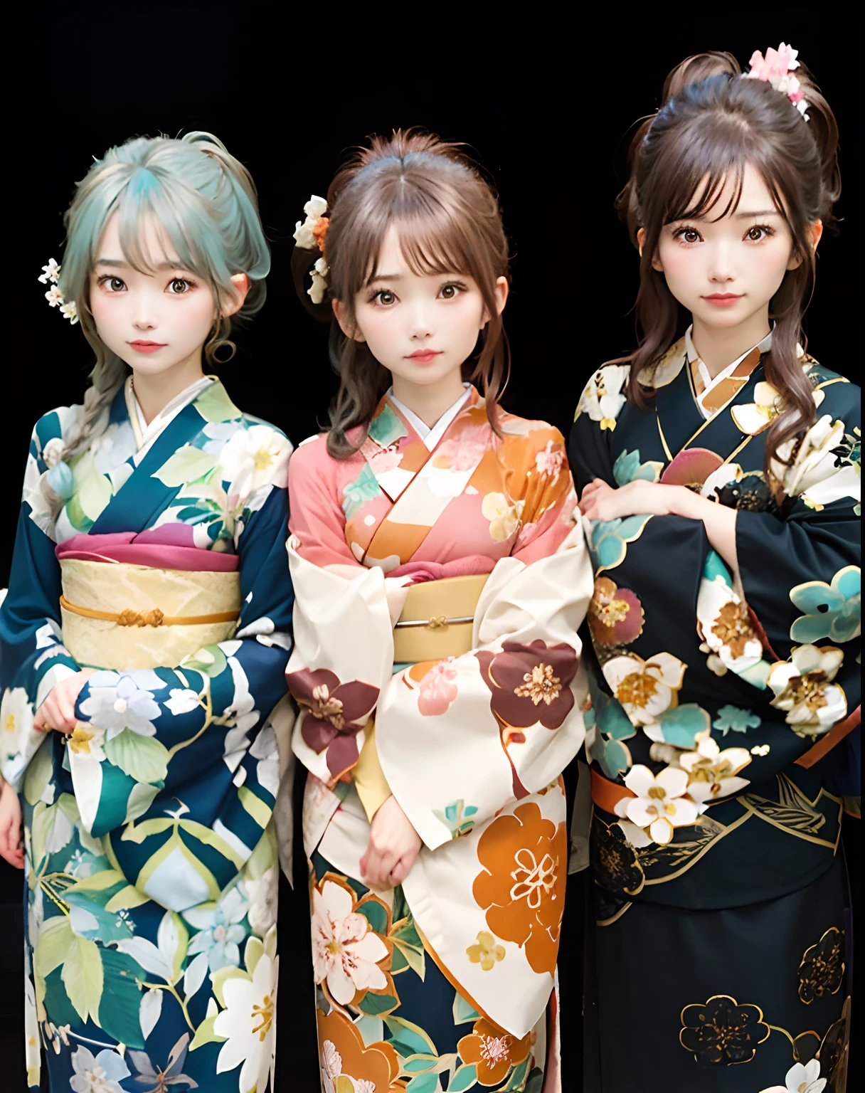 3girls, Sayo Hikawa, Saaya Yamabuki, Rei Wakana, LAYER, Kimono, ponytail hair, Light Teal Hair, brown hair, Dark-Brown hair, realistic, ultra detail, 70mm lens,