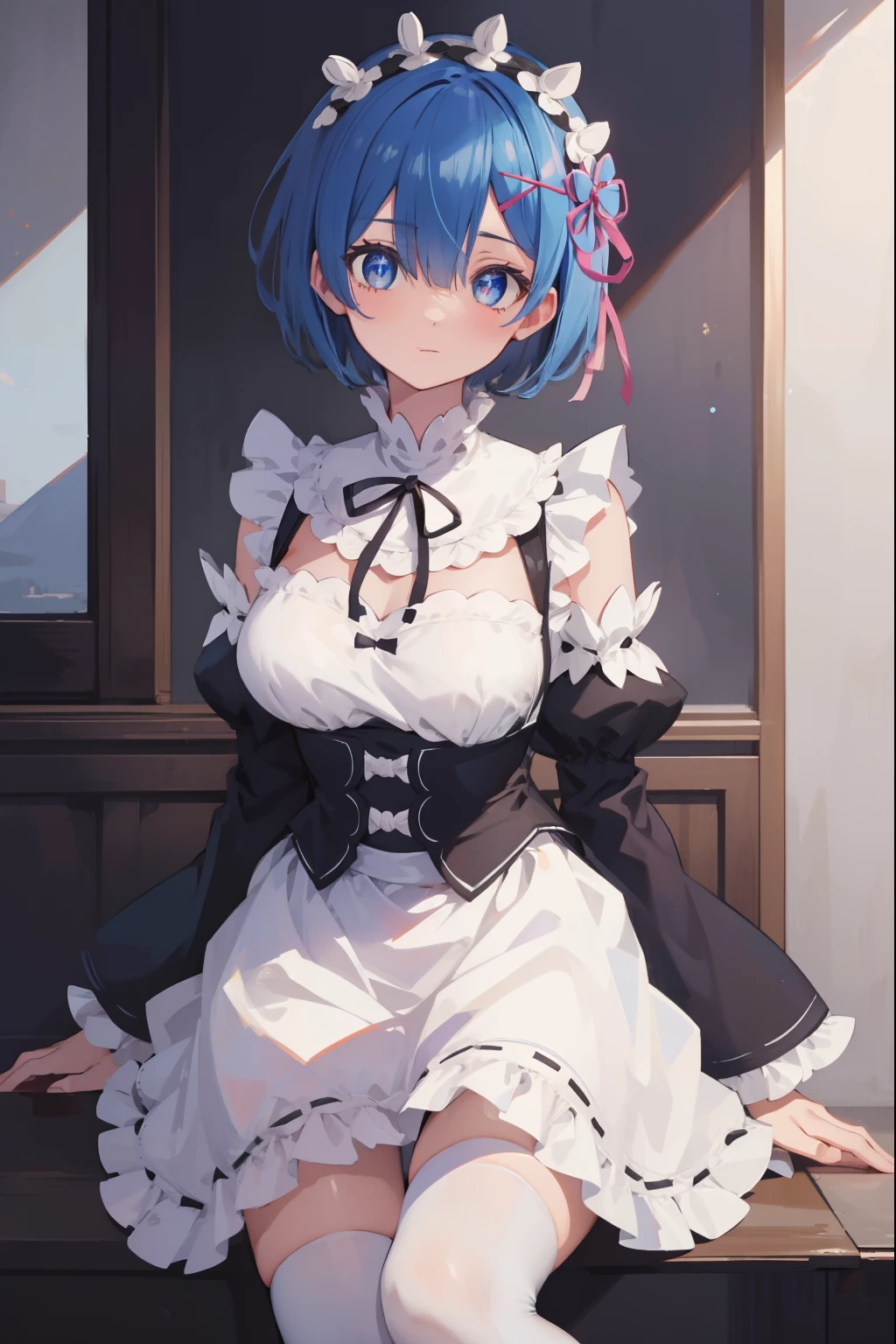 rezerorem, rem, blue eyes, blue hair, hair ornament, hair over one eye, hair ribbon, short hair, x hair ornament,
BREAK apron, black ribbon, black skirt, black sleeves, detached collar, detached sleeves, flower, frilled apron, frilled skirt, frills, head wreath, long sleeves, maid, miniskirt, neck ribbon, purple ribbon, ribbon, ribbon trim, ribbon-trimmed sleeves, roswaal mansion maid uniform, short hair, skirt, thighhighs, waist apron, white apron, white thighhighs,
BREAK outdoors, city,
BREAK looking at viewer, 
BREAK (masterpiece:1.2), best quality, high resolution, unity 8k wallpaper, (illustration:0.8), (beautiful detailed eyes:1.6), extremely detailed face, perfect lighting, extremely detailed CG, (perfect hands, perfect anatomy),