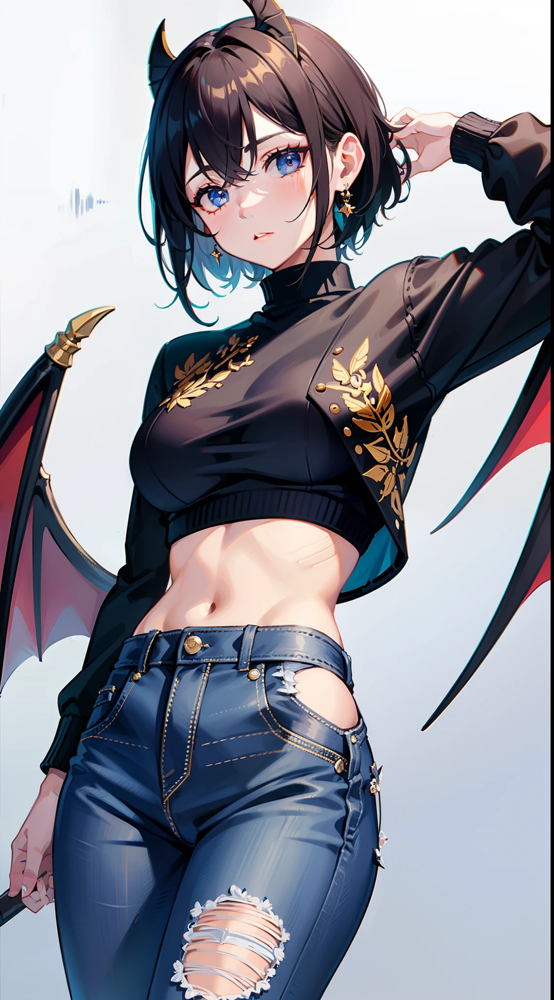 Cute girl, short black hair, orange eyes, exclusive haircut, dragon tattoo, big breasts, short pants, dragon skin