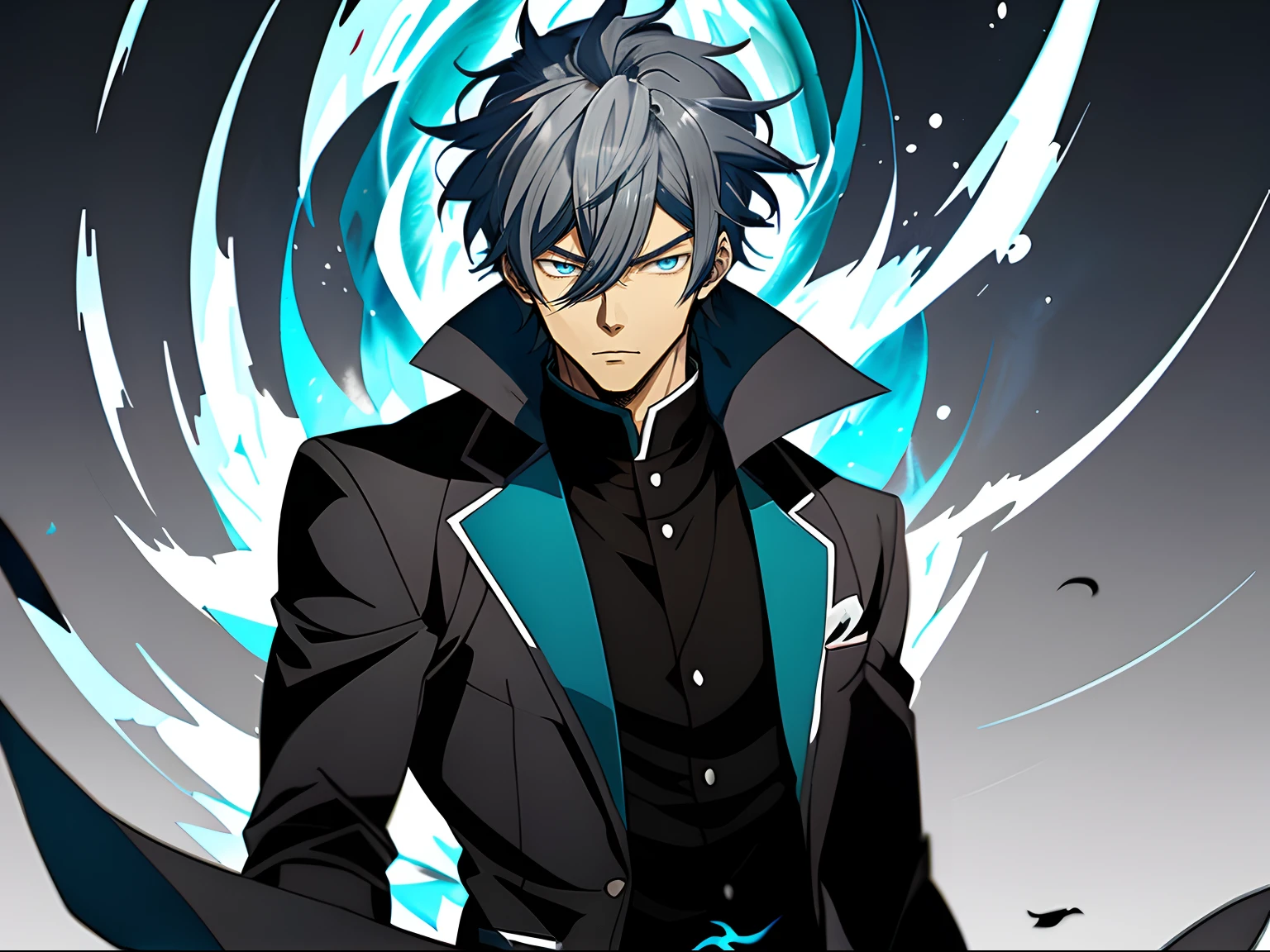 An anime image of a man with silver-gray hair wearing a black jacket and blue flame,blue color eyes， Shinkai sincerely, New Xiangcheng, Honest, ryuta ueda artwork, offcial art, Anime handsome man,