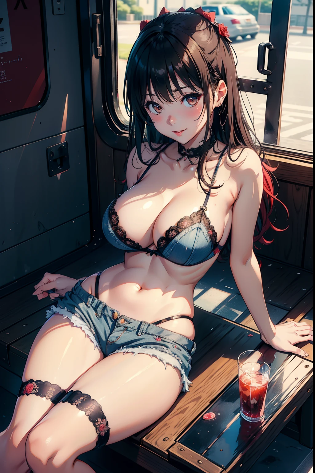 Yukimikan、Colossal tits、a smile、Houndstooth pattern White knitwear with open chest、Torn blue denim shorts、Black lace Rose Print Bra、Black lace stockings、Red High Heels、A slender、sitting on Crotch opening、Navel Ejection、a park The fountain
