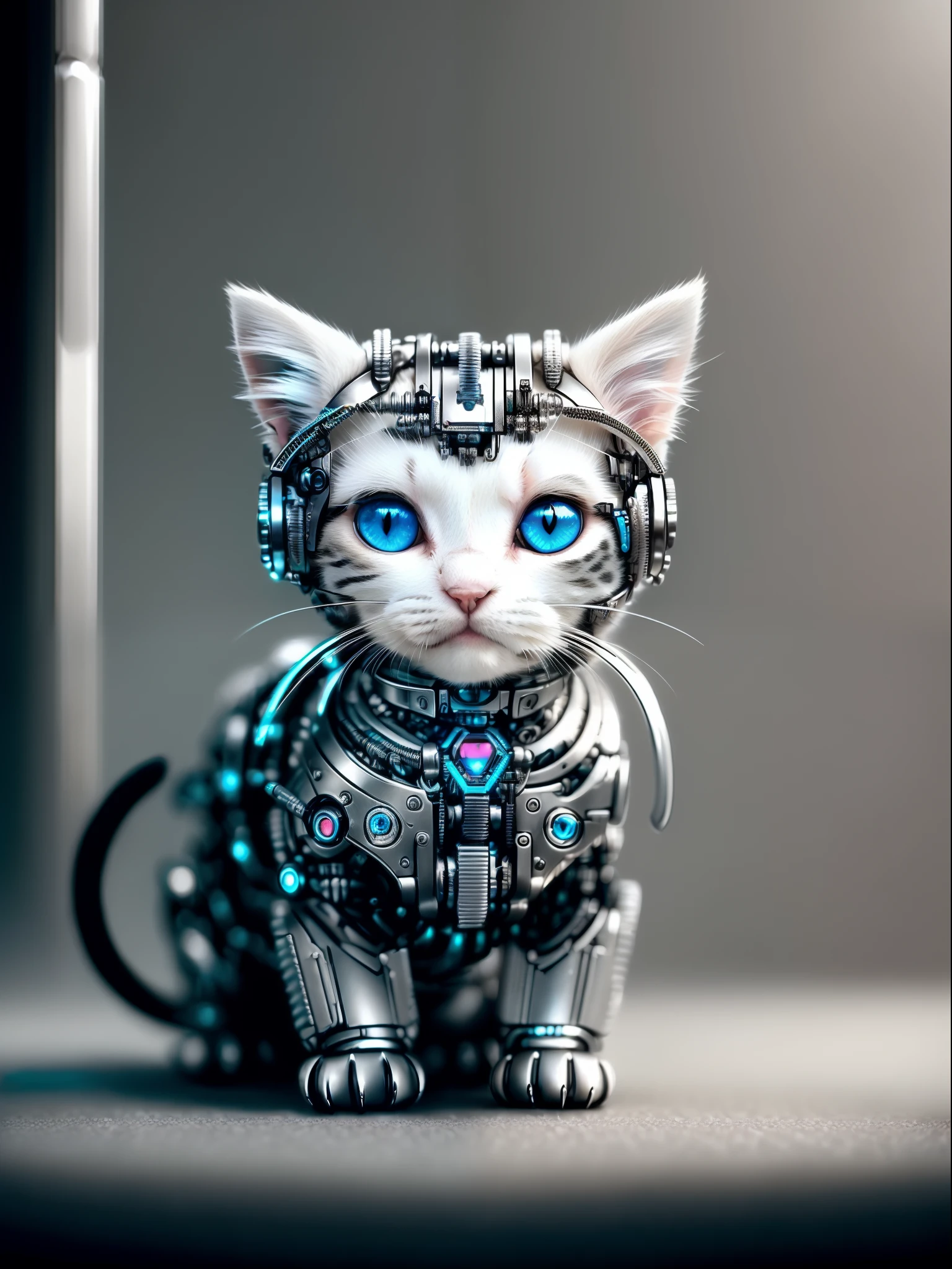 (((a cute kitten made of metal))、(intricate cyborg:1.2))、(intricate-detail)、nffsw、(intricate-detail、ultra-detailliert:1.2)、cinematic shot、vignettes、central、blue eyess、artistic、Herbarium、Surrealism、