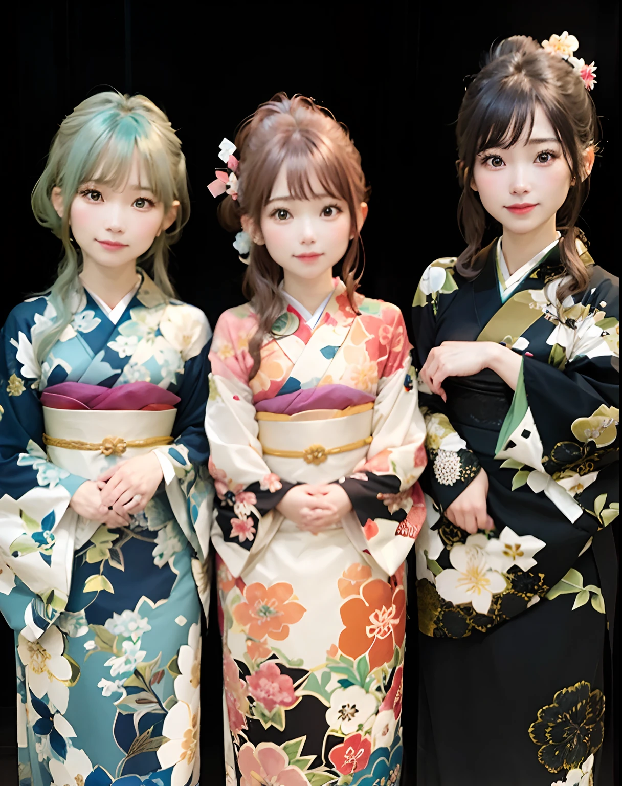 3girls, Sayo Hikawa, Saaya Yamabuki, Rei Wakana, LAYER, Kimono, ponytail hair, Light Teal Hair, brown hair, Dark-Brown hair, realistic, ultra detail, 70mm lens,