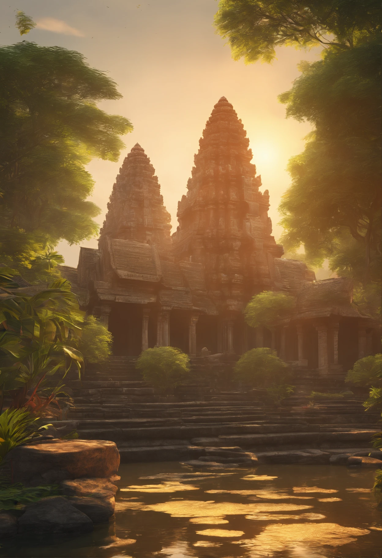 Angkor wat Cambodia,ultra-detailed,realistic:1.37,detailed background,ancient architecture,dense jungle,serene atmosphere,sunrise lighting,vivid colors,majestic silhouette,stone carvings,ornate decorations,sacred temple,Cambodian culture,religious significance,reflection in water,mist and haze,calm and peaceful,impressive size and scale,golden sunlight filtering through tree branches,exquisite craftsmanship,gorgeous sunrise sky,awe-inspiring beauty,quiet and tranquil,ethereal ambiance,temples hidden in the jungle,serenity and spirituality,monumental structure,historical masterpiece,mystery and mystique,marvel of engineering,rich history and heritage,awe-inducing details,harmony between nature and architecture