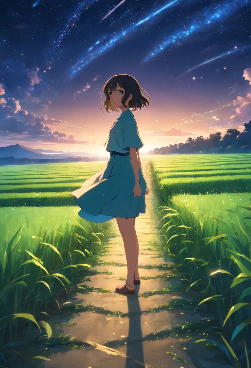 masterpiece、top-quality、 stills、1girl in、Maiden in the Starry Sky、floating in sky、a closeup、发光、Happiness、Warm and soft lighting、a dark nightce field road、starrysky(Spark:0.7)、