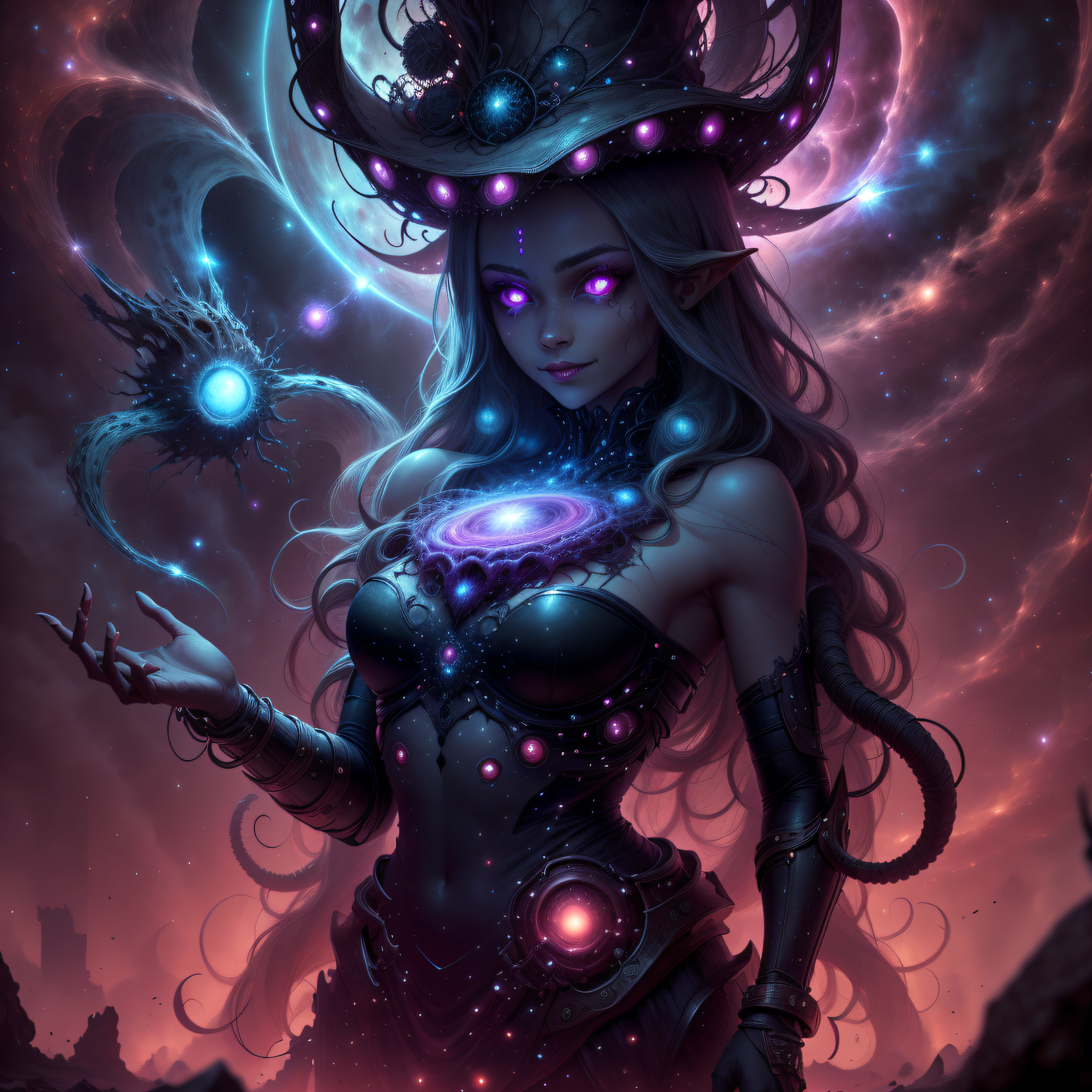 eldritchtech,cosmic,  dark energy,
scifi,scholar , scroll, 1girl,long hair, colored skin, glowing eyes, smirk ,closed mouth, witch, skulls