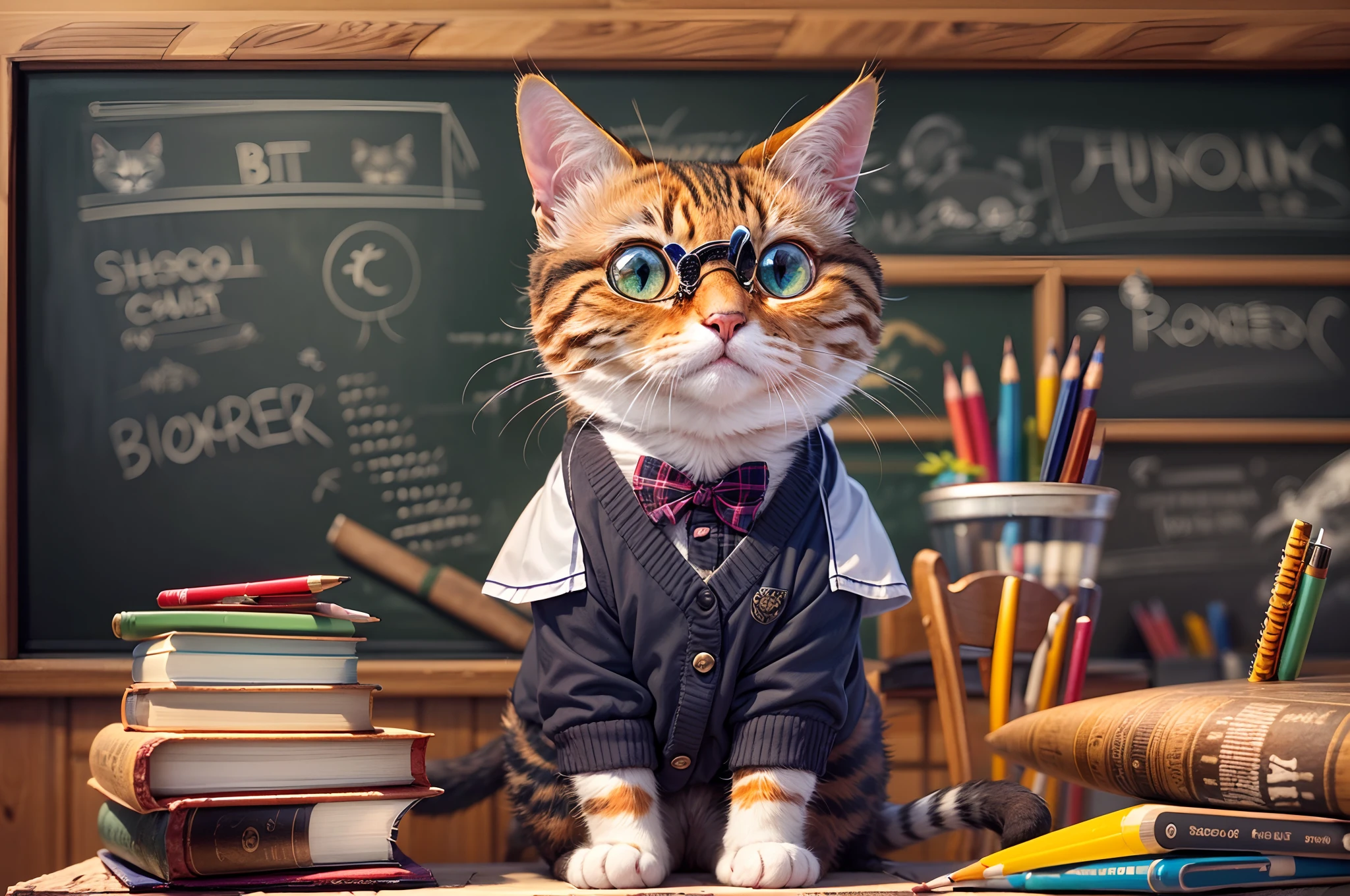 best quality,ultra-detailed,realistic:1.37,cat with glasses,cat dressed as a teacher,cat teaching,2 cats being taught,blackboard,fish drawing on the blackboard,cat pointing to the fish,serious look,cat expressions,educational atmosphere,cat accessories,bookshelf in the background,well-lit,classroom setting,vivid colors,wisdom ambiance,school supplies