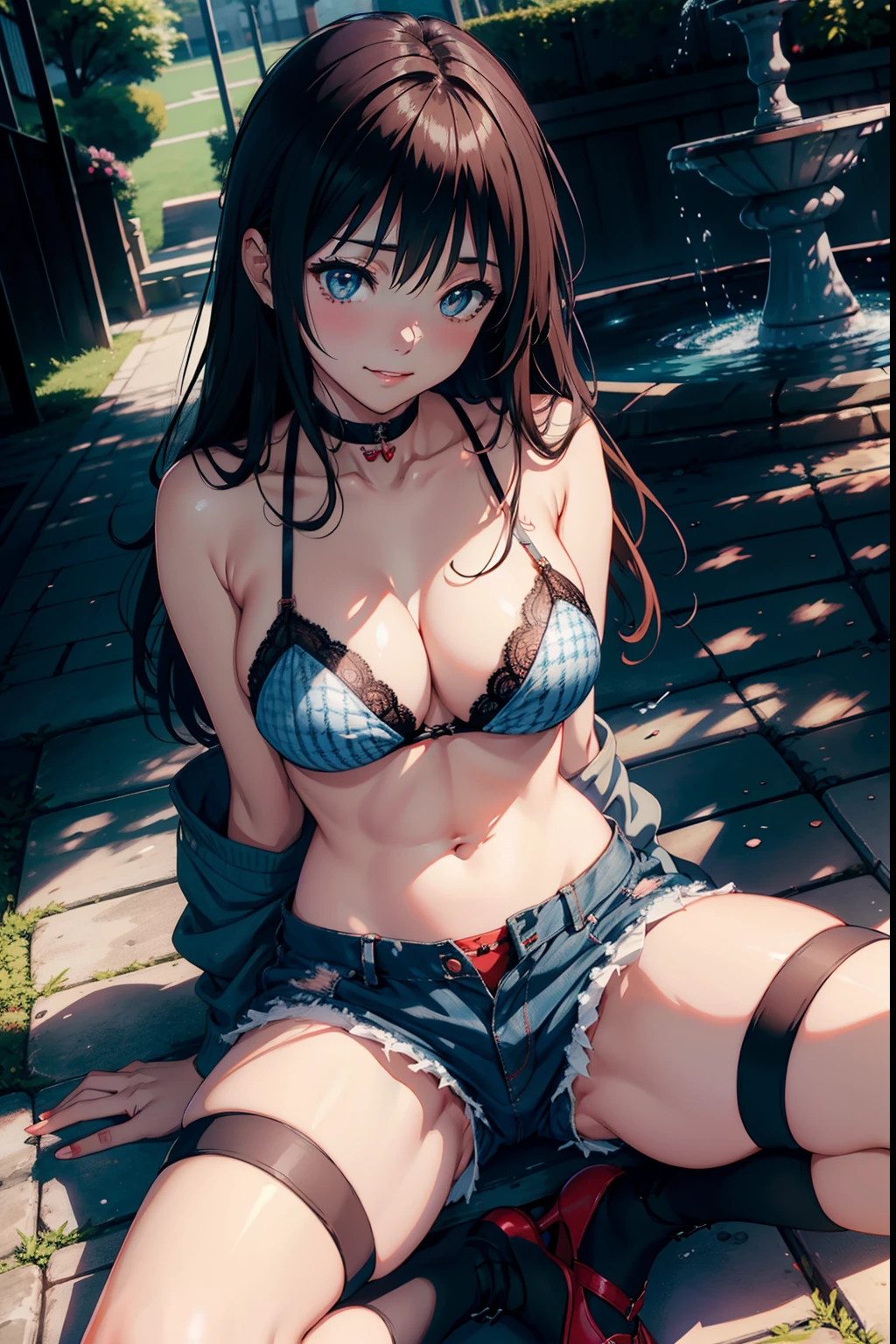 Yukimikan、Colossal tits、a smile、Houndstooth pattern　White knitwear with open chest、Torn blue denim shorts、Black lace　Rose Print Bra、Black lace stockings、Red High Heels、A slender、sitting on　Crotch opening、Navel Ejection、a park　The fountain