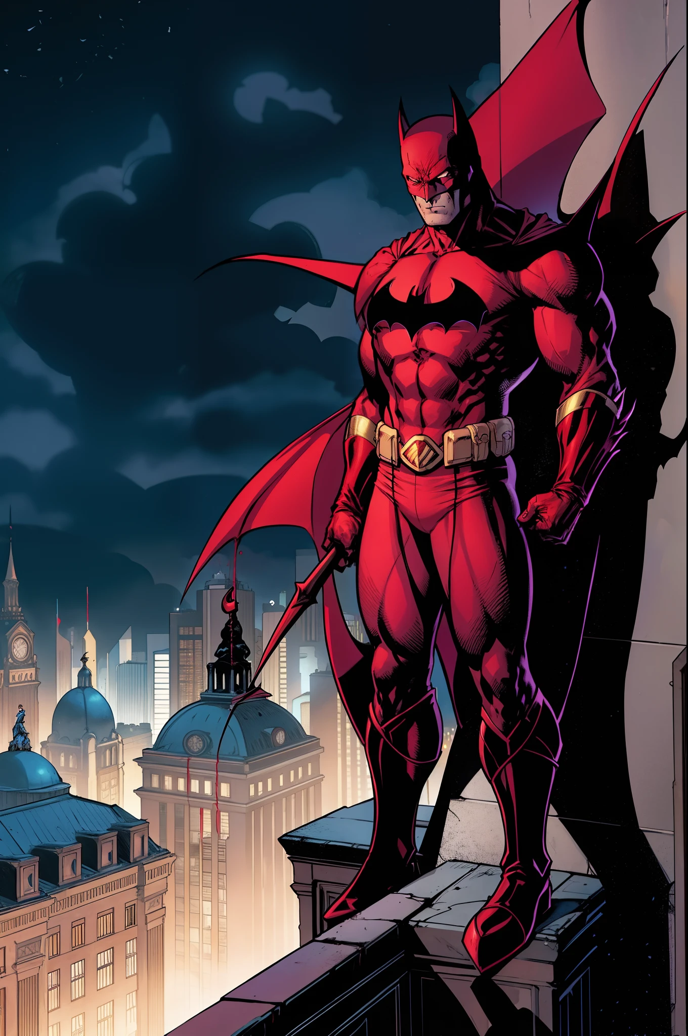 Batman stands on the terrace of the Gotham City Police Station building next to a Gargoyle made of concrete that makes the terrace. There is a lot of blood around him and he watches intently looking for the causes of this mystery. Bataman is going strong, olhos brilhantes , His uniform also has blood remnants from the fight he had earlier with cyber vampires at Dracula's behest. Is Dracula hiding on the terrace where Batman is found??