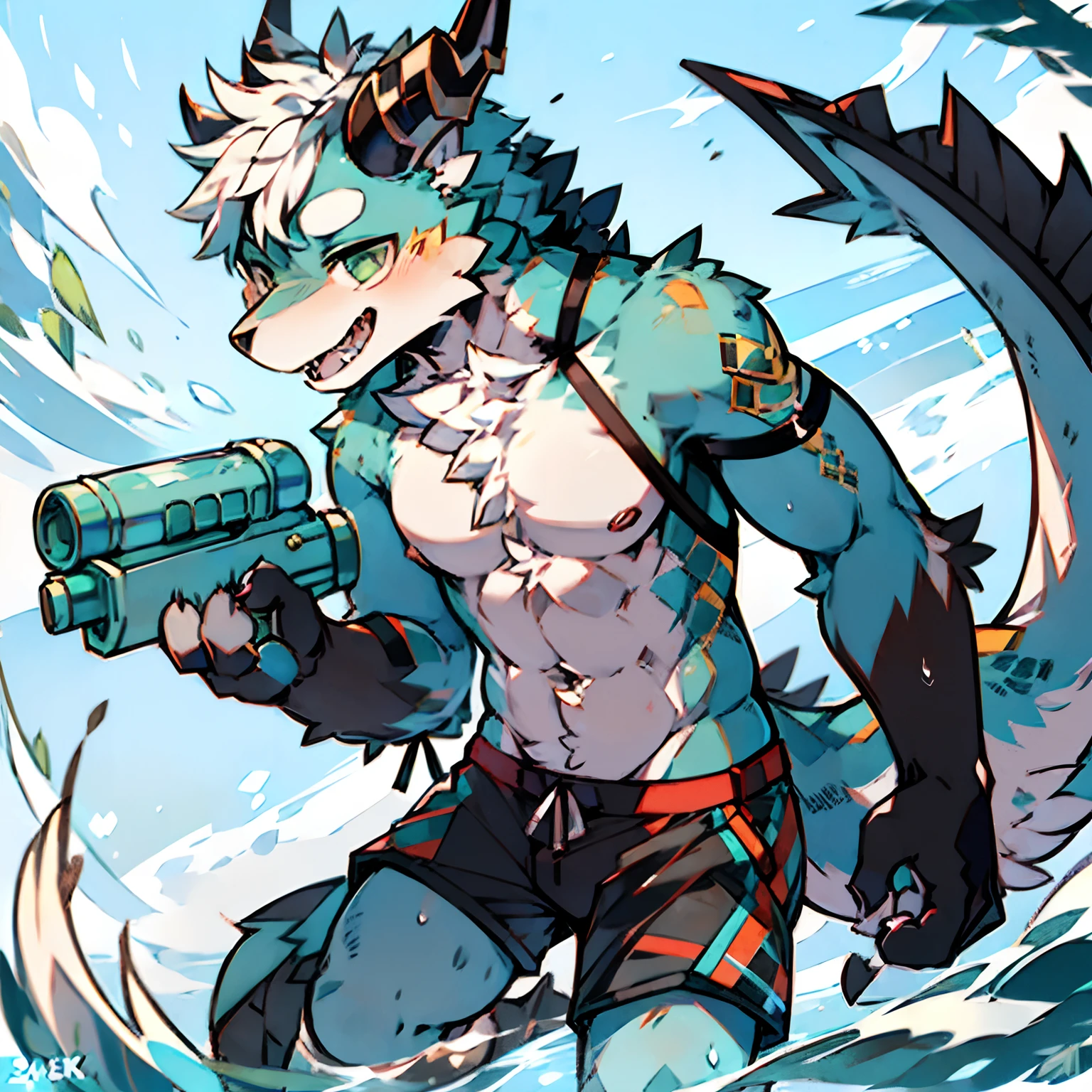 k hd，solo person，shaggy male，Furry，drak，Dragon's horn，Oriental Dragons，Black and white fur，greene eyes，water gun，sandbeach，laughingly，swim trunks