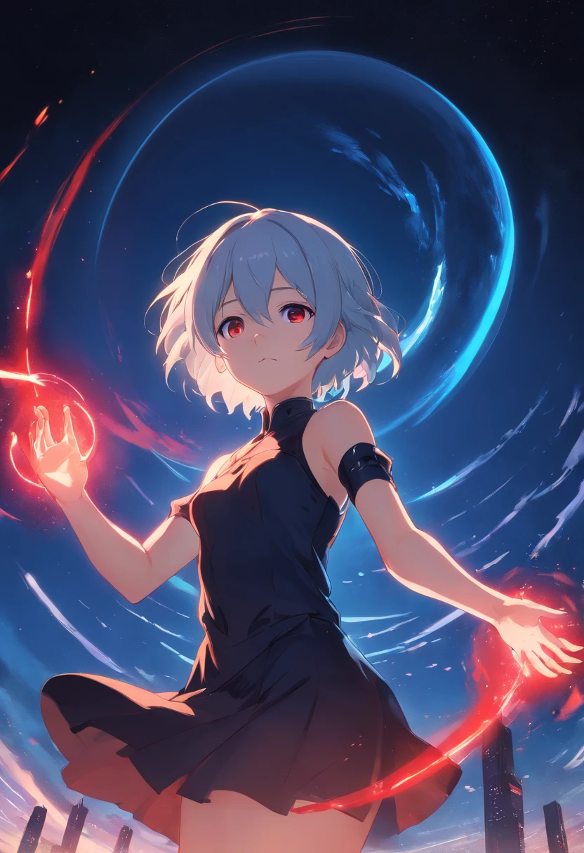 Yorha 2b, Her arms are raised forward, her eyes glow a red glow overshadowing anyone else, In her facial expression we can see the certainty that she is invincible. (red and blue background), Her red aura glows under her black dress. A black sphere in your hands assimilates into a black hole, holding it in the palm of your hands the potential to devour the whole world.