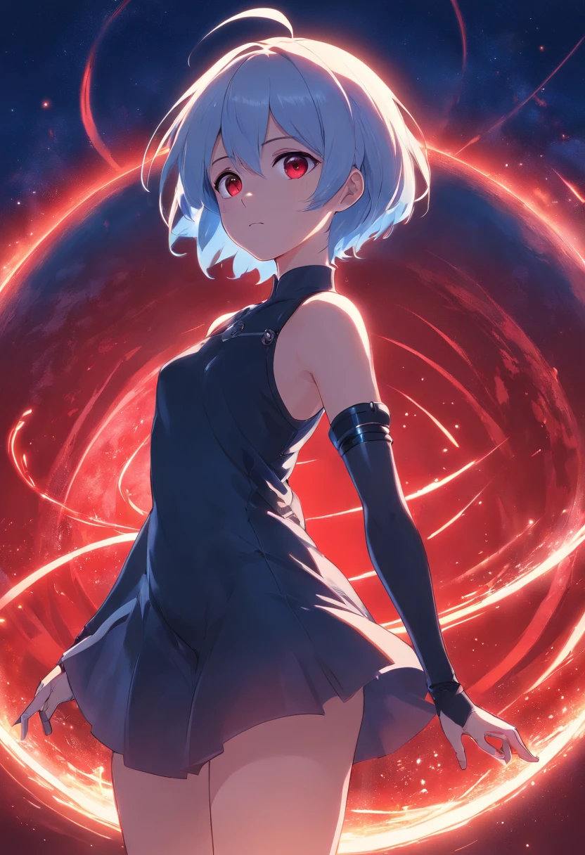 Yorha 2b, Her arms are raised forward, her eyes glow a red glow overshadowing anyone else, In her facial expression we can see the certainty that she is invincible. (red and blue background), Her red aura glows under her black dress. A black sphere in your hands assimilates into a black hole, holding it in the palm of your hands the potential to devour the whole world.