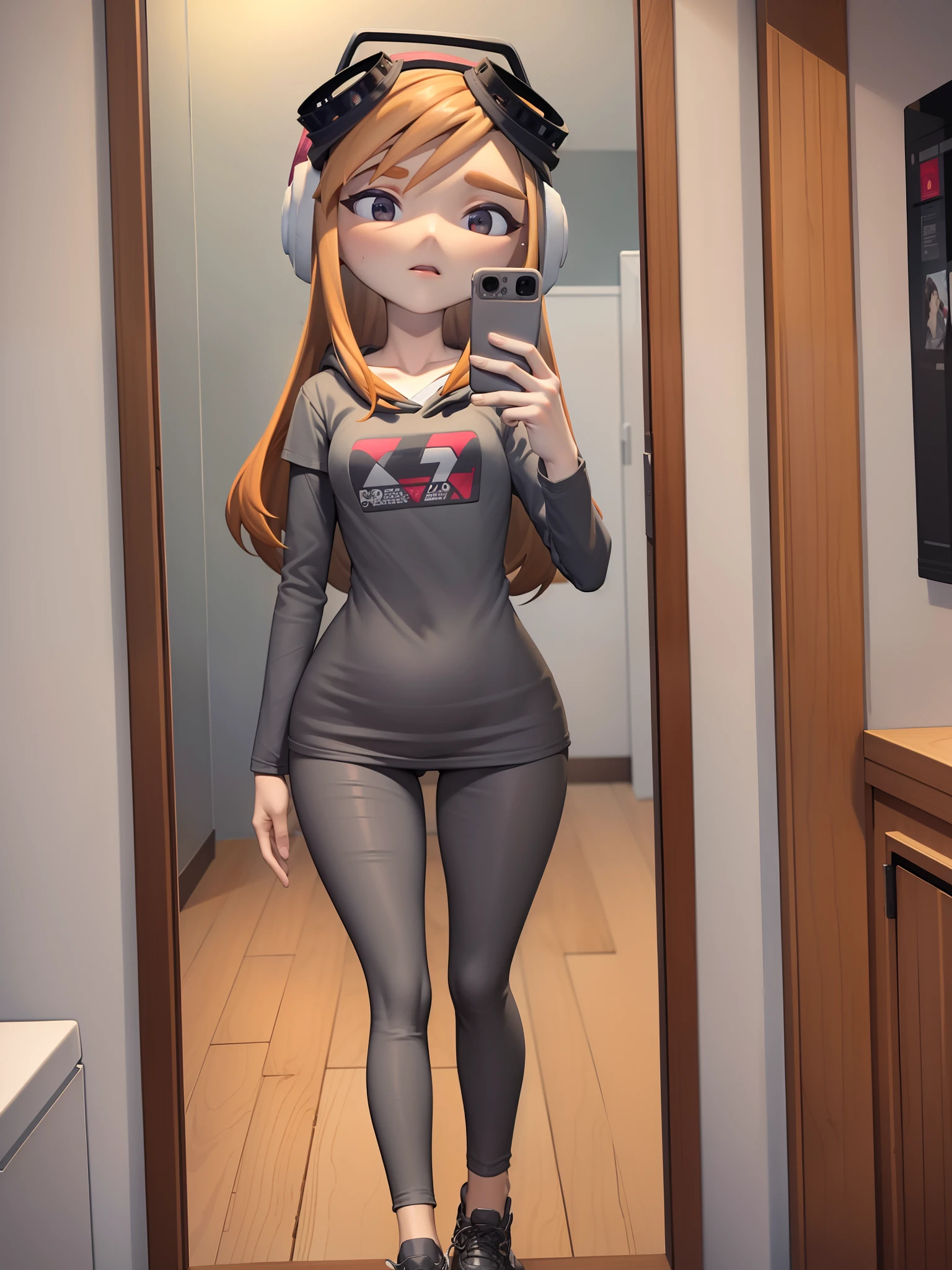 masterpiece, best quality, meggy, headphones, goggles on head,  grey hoodie, black t-shirt, grey leggings, sneakers, bathroom mirror selfie, wide hips, thicc thighs