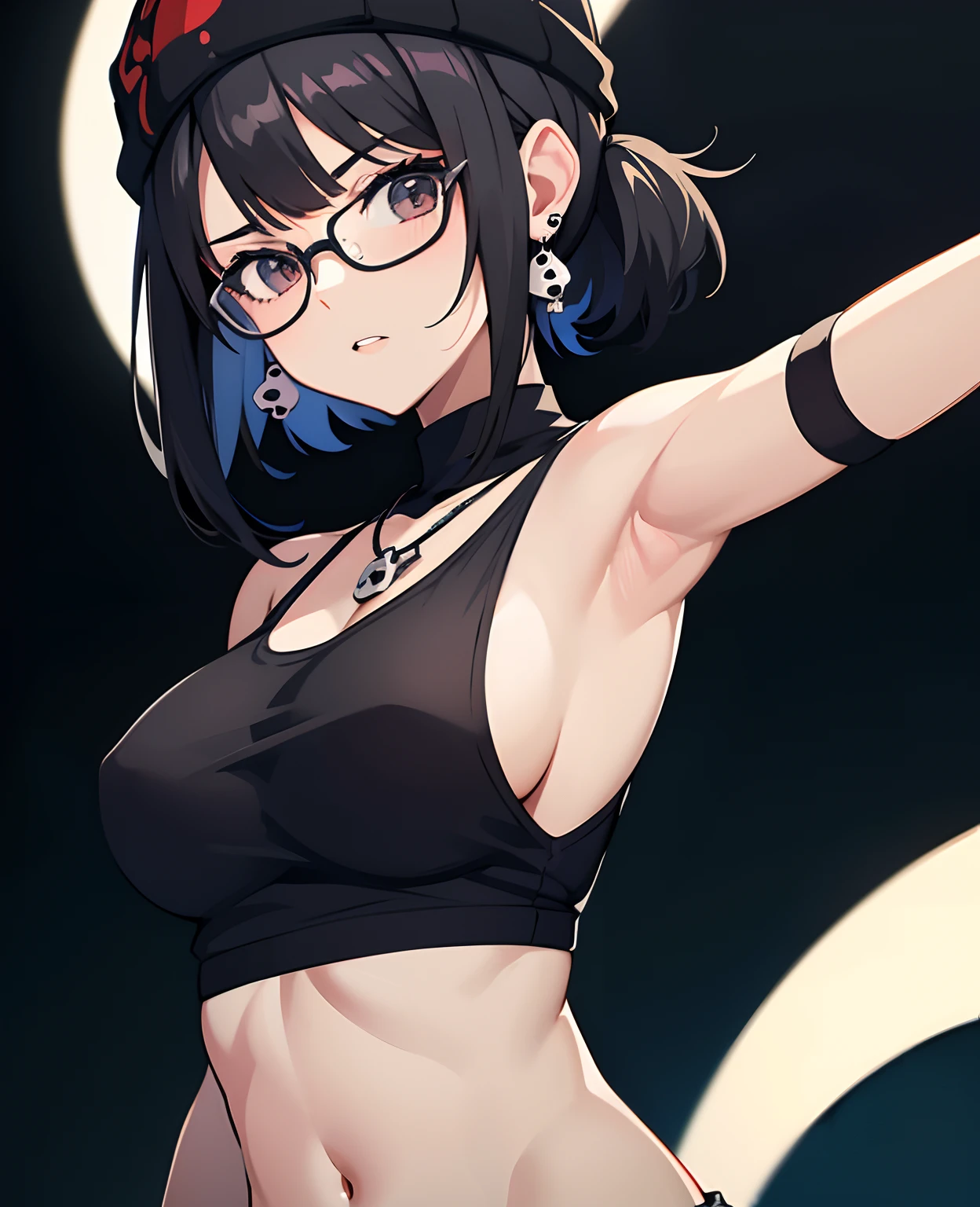 age, anime girl, glasses, black hair,bangs, underwears, short hair, skull earrings, black skull beanie, open clothes, ponytail, medium layer hair, large breasts, high quality, armpits, looking at viewer, black background, heart necklace, medium shot, tempting