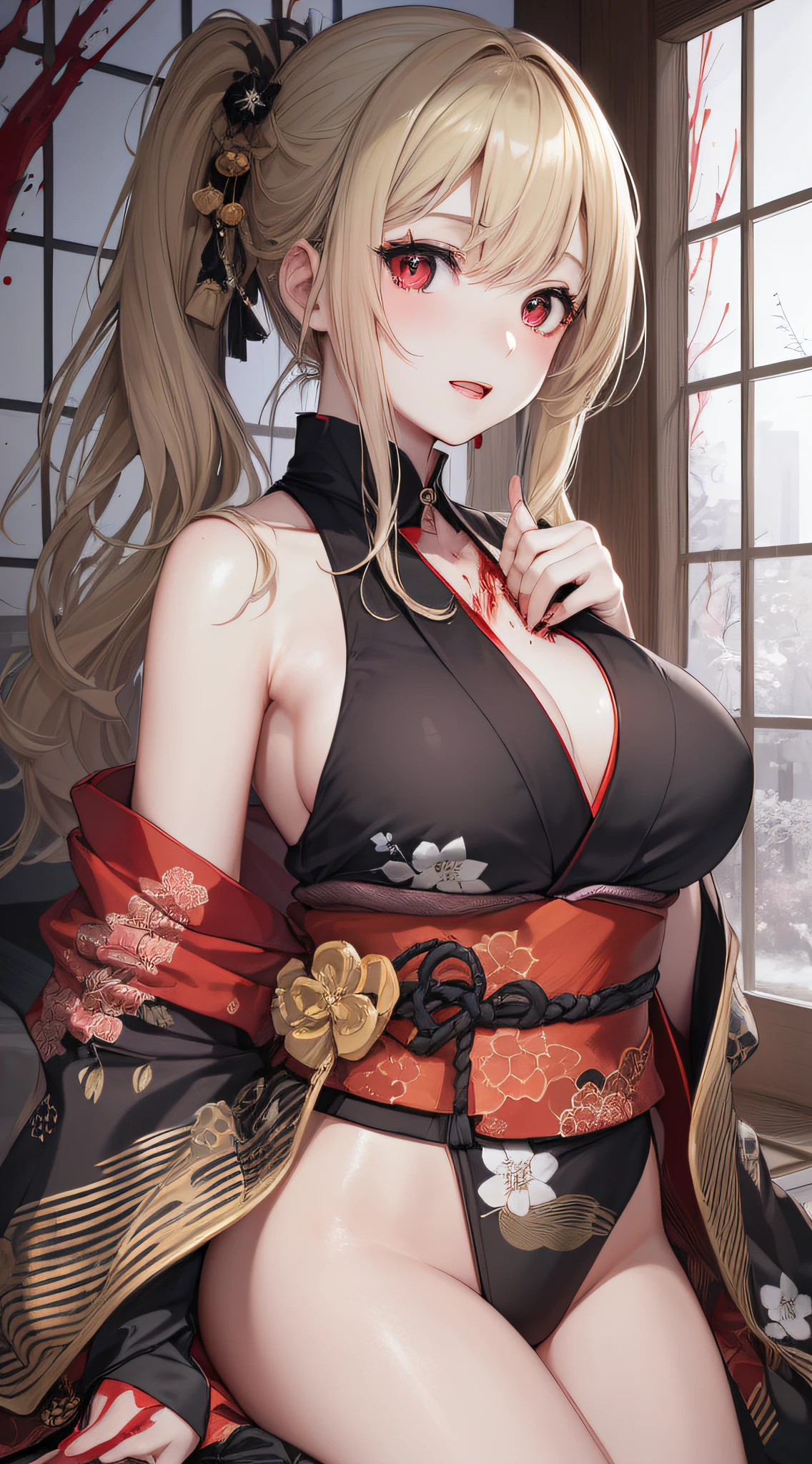 top-quality、Top image quality、​masterpiece、girl with((18year old、Black kimono、Best Bust、Bust 85、a blond、poneyTail、Red Eyes、open chest wide、Happiness、Return blood、Holding a Japan sword)）hiquality、visualart、Background with((chee))、Black and white world