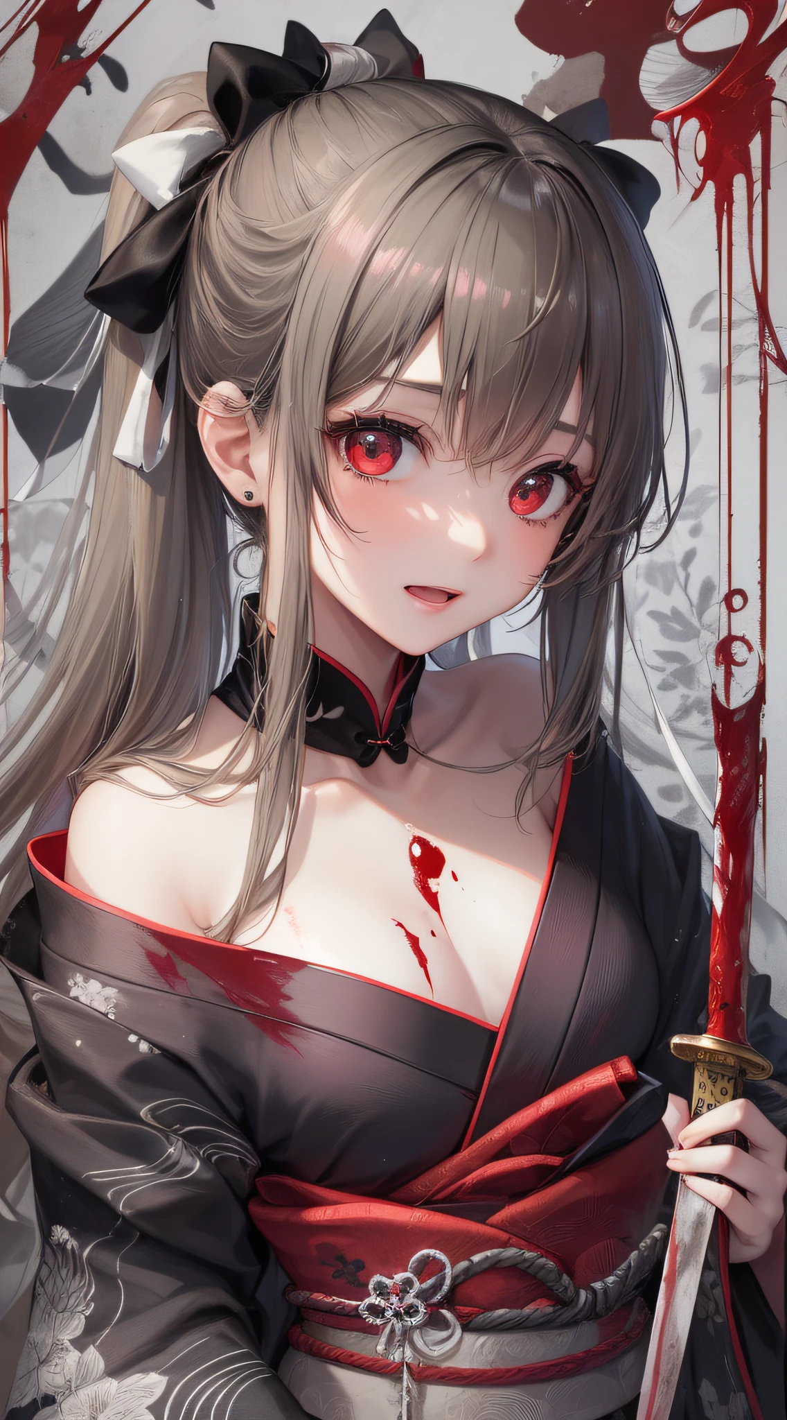 top-quality、Top image quality、​masterpiece、girl with((18year old、Black kimono、Best Bust、Bust 85、a blond、poneyTail、Red Eyes、open chest wide、Happiness、Return blood、Holding a Japan sword)）hiquality、visualart、Background with((chee))、Black and white world