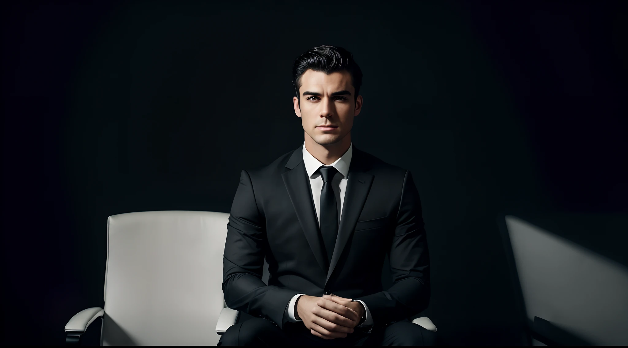 ((half body)) Photo RAW Ceo Man sitting in an office chair, wearing black suit, facing straight, (Impeccable) ,Serious and elegant man, , with thick male eyebrows, (with mysterious and serious face,) short dark hair, dark black background image, elegant, ( high quality and realistic image), ((Best Quality, 8k, Masterpiece)