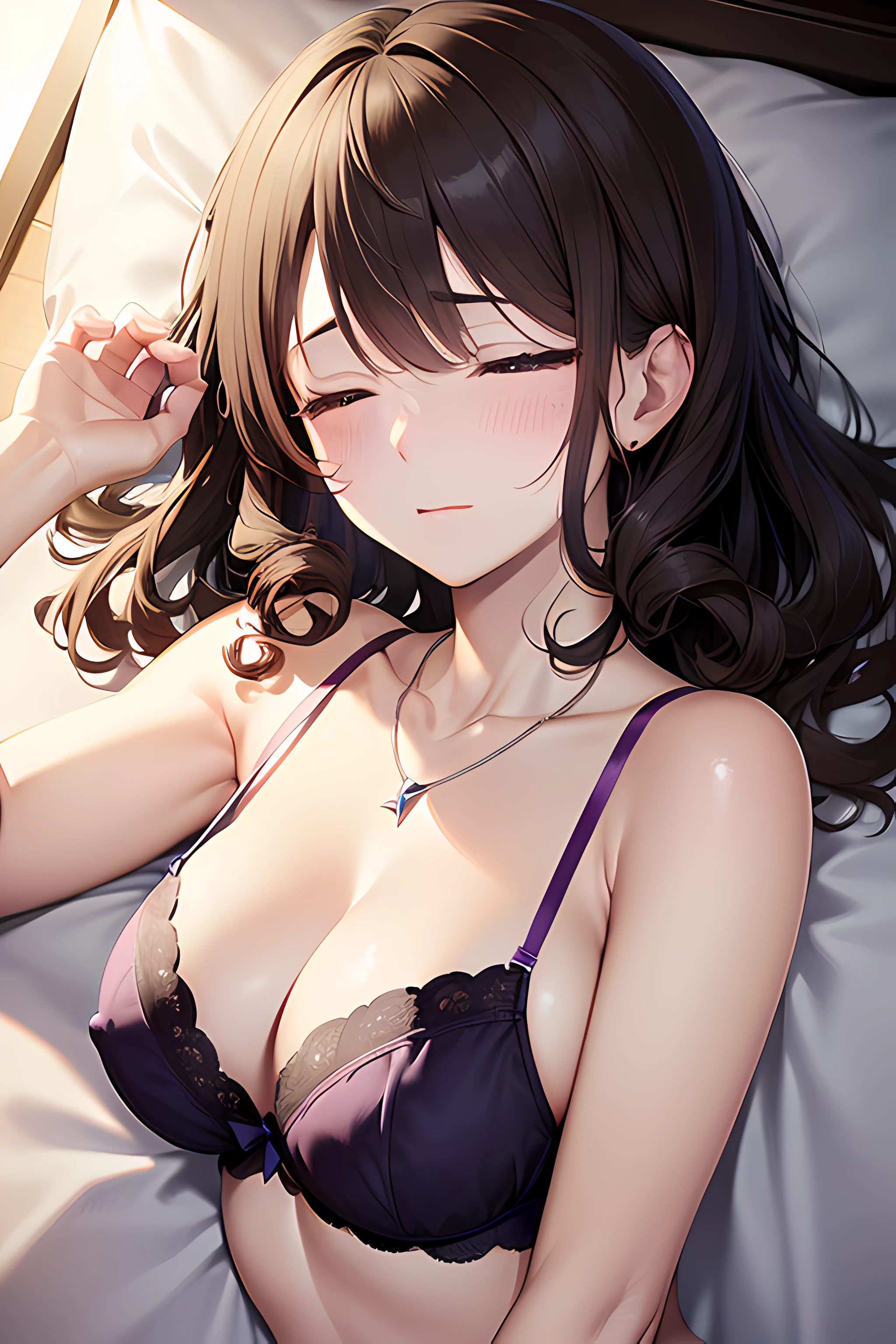 ((nsfw:1.4, masterpiece, best quality, highres, UHD, perfect pixel, depth of field, 4k, RTX, HDR))), 1girl, single, solo, beautiful anime girl, beautiful artstyle, anime character, ((long hair, bangs, dark brown hair, messy hair:1.6, curly hair:0.8)), ((curly eyelashes, realistic eyes)), ((detailed face, blushing:1.2)), ((smooth texture:0.75, realistic texture:0.5, anime CG style)), ((medium breasts, cleavage)), indoor, bedroom, dynamic angle, busty, perfect body, dynamic pose, armpit, hands up, ((fall asleep on the bed, supine, sleepy, closed eyes, laying on bed, sleeping pose)), ((sleep on your side)), ((close up, POV, cute, shot on face, sighing expression, wake up)), ((purple bra color, purple lingerie, single diamond necklace)), (natural light, light reflection, morning)