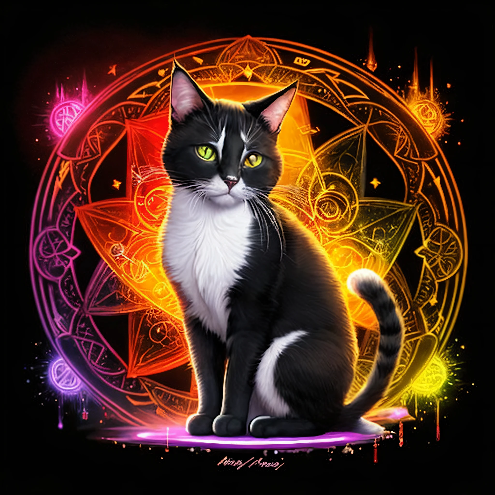 arafed cat sitting in front of a circular design with a star in the background, alex grey cat, cat witch, the dark god of cats, oil painting of cat witch, pentacle, cat from the void, warrior cats, by Anne Stokes, tuxedo cat, intricate wiccan spectrum, warrior cats fan art, anime cat, cat design, wicca, Sublime, Arcade, gouache, Polaroid, Character modeling, Soft focus, Interactive, matching colors, Medieval, spectrography lighting, Realistic dramatic lighting, highly detailed environment, cinematic quality, Redshift render, 4k