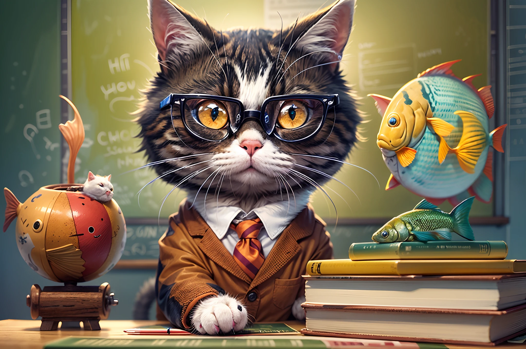 best quality,ultra-detailed,realistic:1.37,cat with glasses,cat dressed as a teacher,cat teaching,blackboard,fish drawing on the blackboard,cat pointing to the fish,serious look,cat expressions,educational atmosphere,cat accessories,bookshelf in the background,well-lit,classroom setting,vivid colors,wisdom ambiance,school supplies