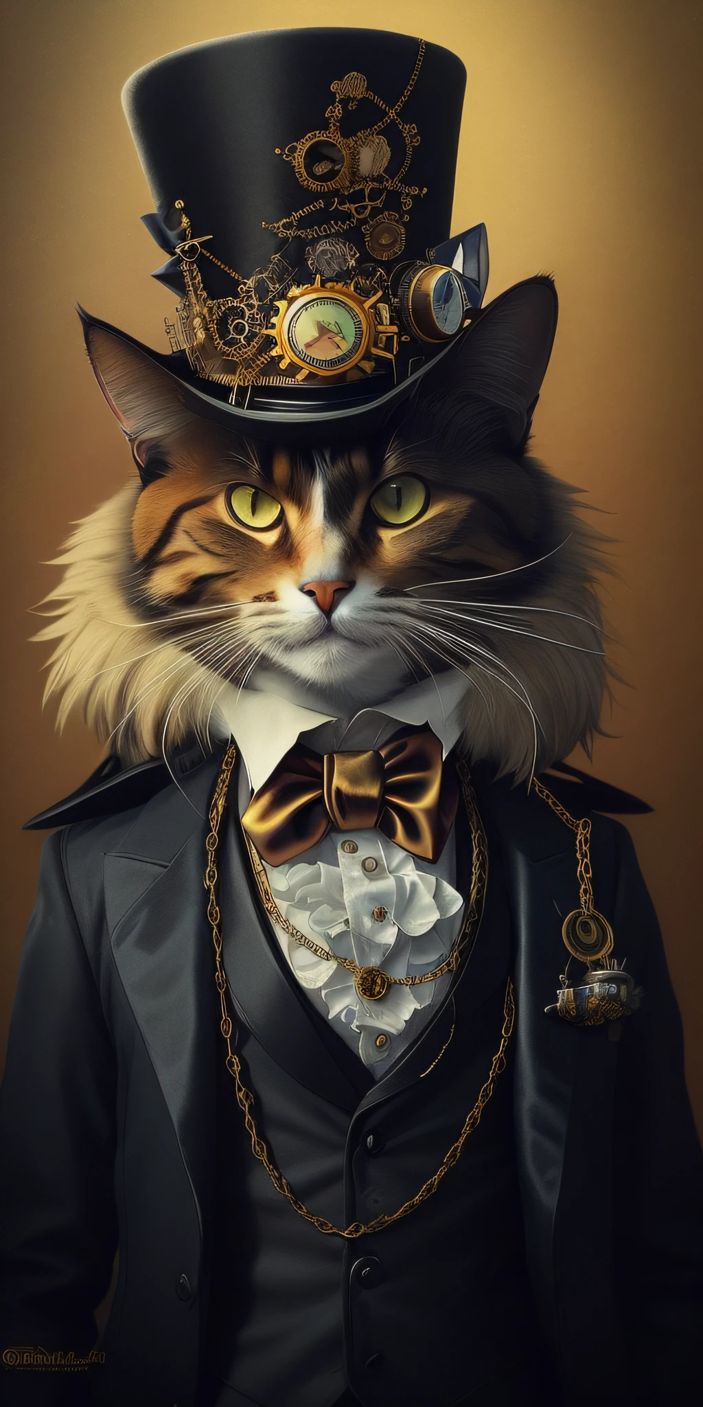 arafed cat wearing a top hat and a suit with a chain, steampunk cat, anthropomorphic cat, portrait of a steampunk catgirl, elegant cat, a cute steampunk calico cat, cat wearing a top hat, anthropomorphic female cat, high quality steampunk art, steampunk digital art, digital steampunk art, dignified aristocrat, steampunk male portrait