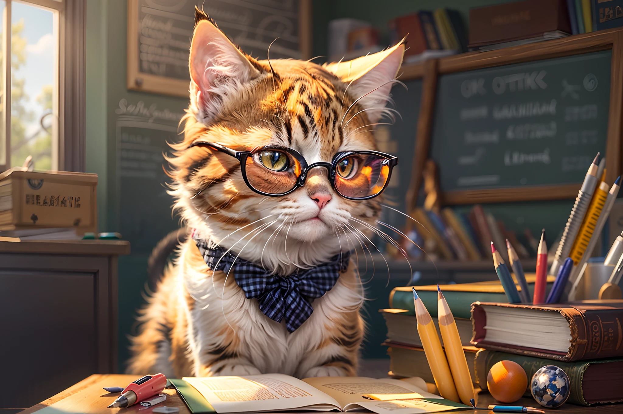 best quality,ultra-detailed,realistic:1.37,cat with glasses,cat dressed as a teacher,cat teaching,blackboard,fish drawing on the blackboard,cat pointing to the fish,serious look,cat expressions,educational atmosphere,cat accessories,bookshelf in the background,well-lit,classroom setting,vivid colors,wisdom ambiance,school supplies