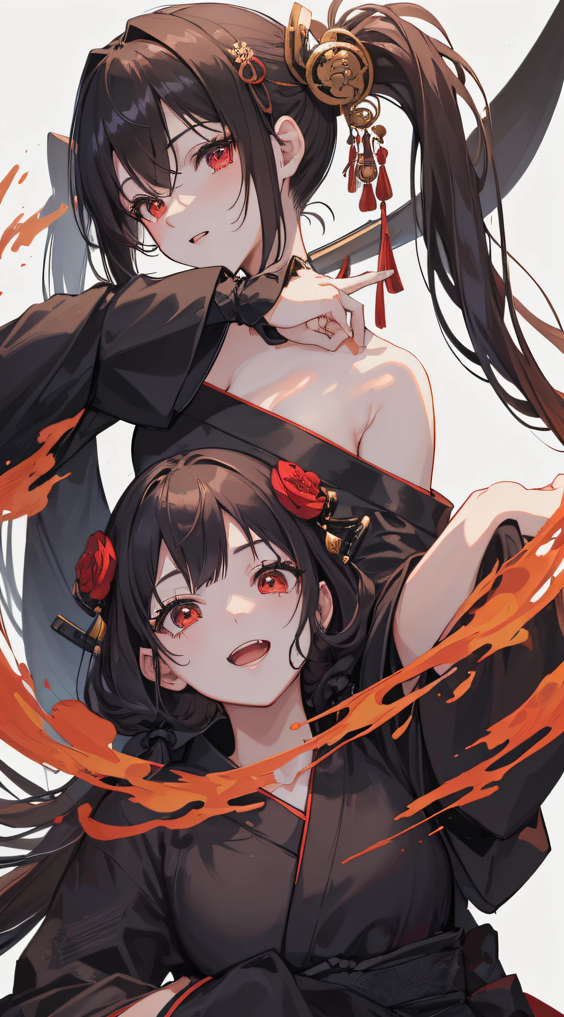 top-quality、Top image quality、masterpiece、girl with((18year old、Black kimono、Best Bust、Bust 85、a blond、poneyTail、Red Eyes、open chest wide、Happiness、Return blood、Holding a Japan sword))hiquality、visualart、Background with((chee))、Black and white world