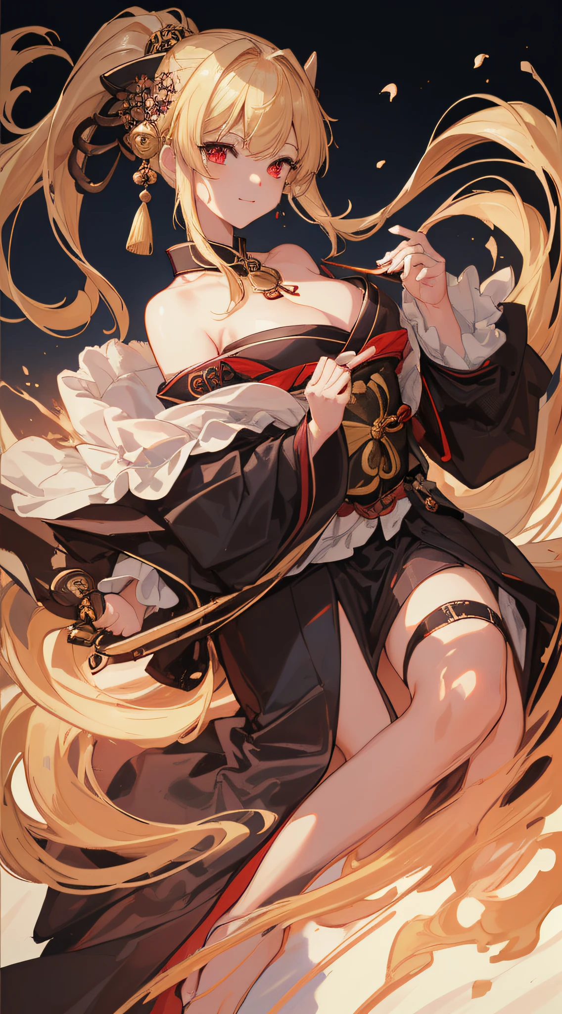 top-quality、Top image quality、masterpiece、girl with((18year old、Black kimono、Best Bust、Bust 85、a blond、poneyTail、Red Eyes、open chest wide、Happiness、Return blood、Holding a Japan sword))hiquality、visualart、Background with((chee))、Black and white world