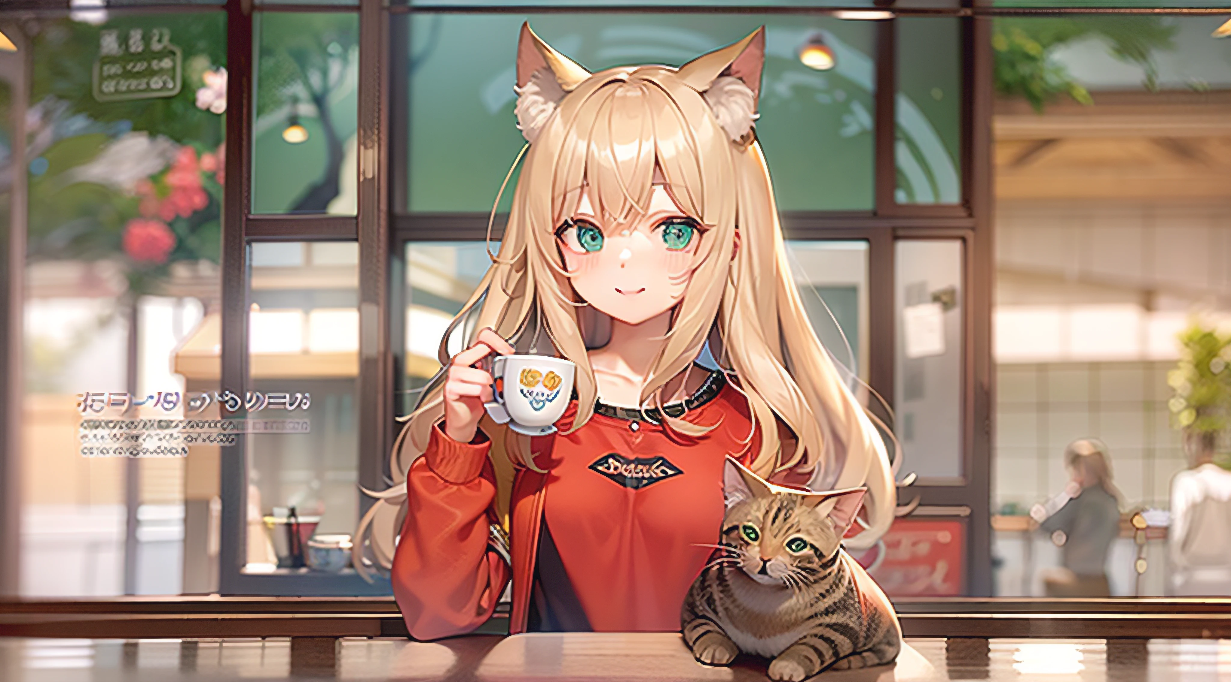 A girl., Green-eyed blonde girl, long-haired, cat ears girl, Dawn Hair, Cute Smiling Girl, Age 20, Wear casual clothes. , Sip coffee, In a café, Bust size just right., red cheeks, Evening Time