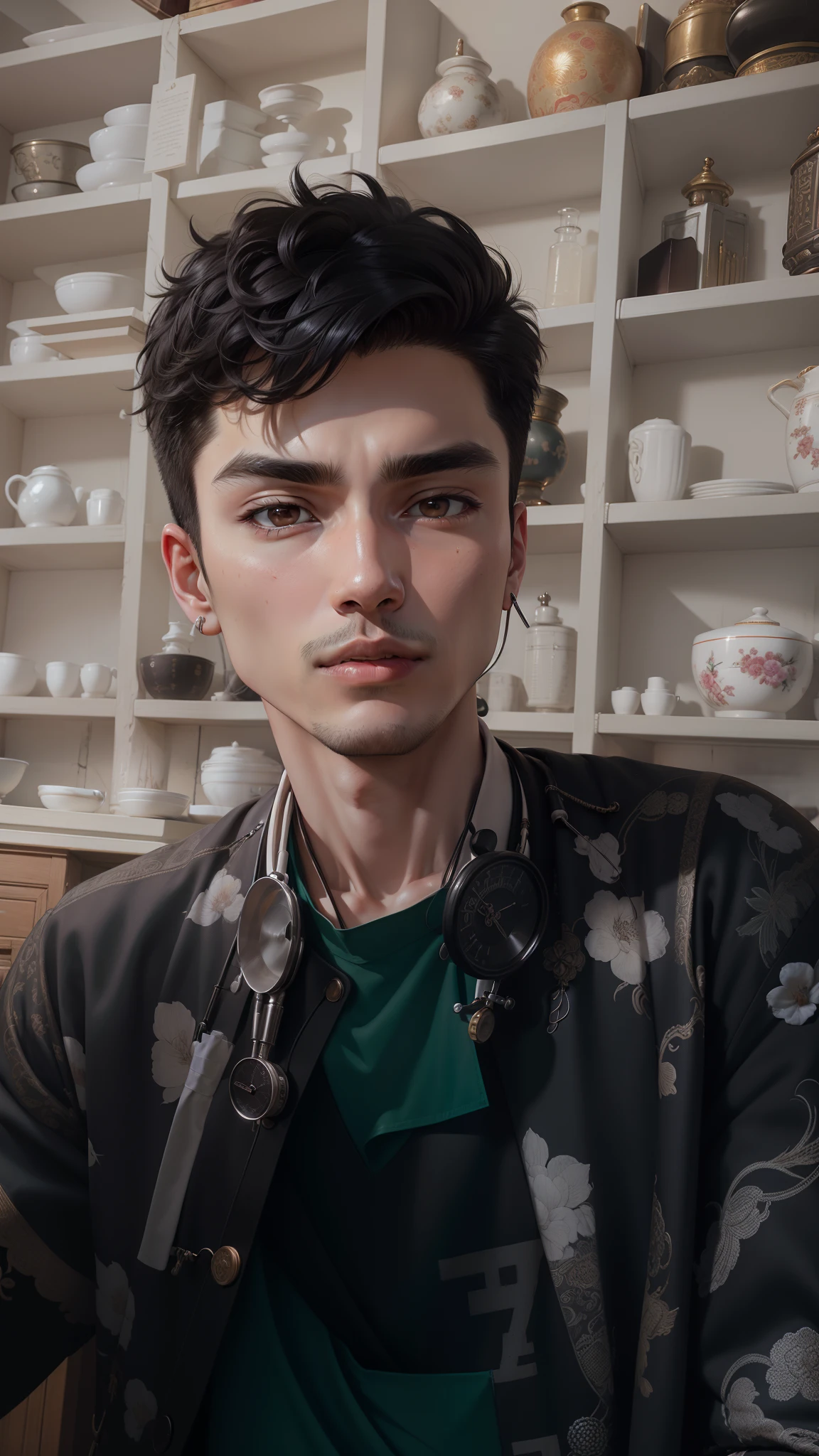 (ridiculous, high resolution, super detailed, realistic,), 1 male, soloist, 20 years old, syringe in hand, stethoscope around his neck, tall, extremely short hair, black hair, brown eyes, thick eyebrows, antique room, doctor, white robe, white coat, room, ancient Chinese decoration style building