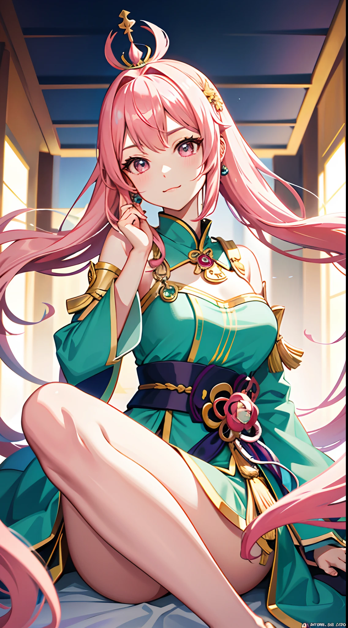 ((Highest quality)), ((masterpiece)), (detailed), （Perfect Face）、The woman is Lacus Clyne, with blue eyes, pink hair that is medium-long and tied up, wearing a gorgeous Hanfu with gold embroidery and trim, gorgeous accessories, and an engagement ring.