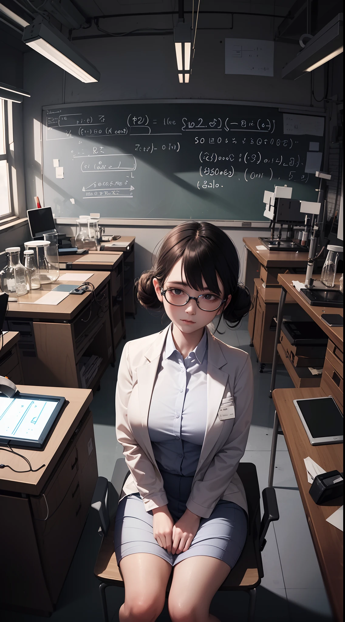 A teacher sitting in front of the blackboard,cross legs,Aerial view, Concept art, Facing students,(Cowboy shot,above knee portrait:1.25),Scholar girl,huge breast,Teacher's professional suit,Black stockings,messy bun,glasses,(laboratory,classroom,experimental equipment,blackboard filled with equations written on the board,students In the dimly-lit laboratory:1.25),the teacher discovered a gruesome experiment,in which a her brain was connected to a machine,its thoughts slowly taken over by an artificial intelligence