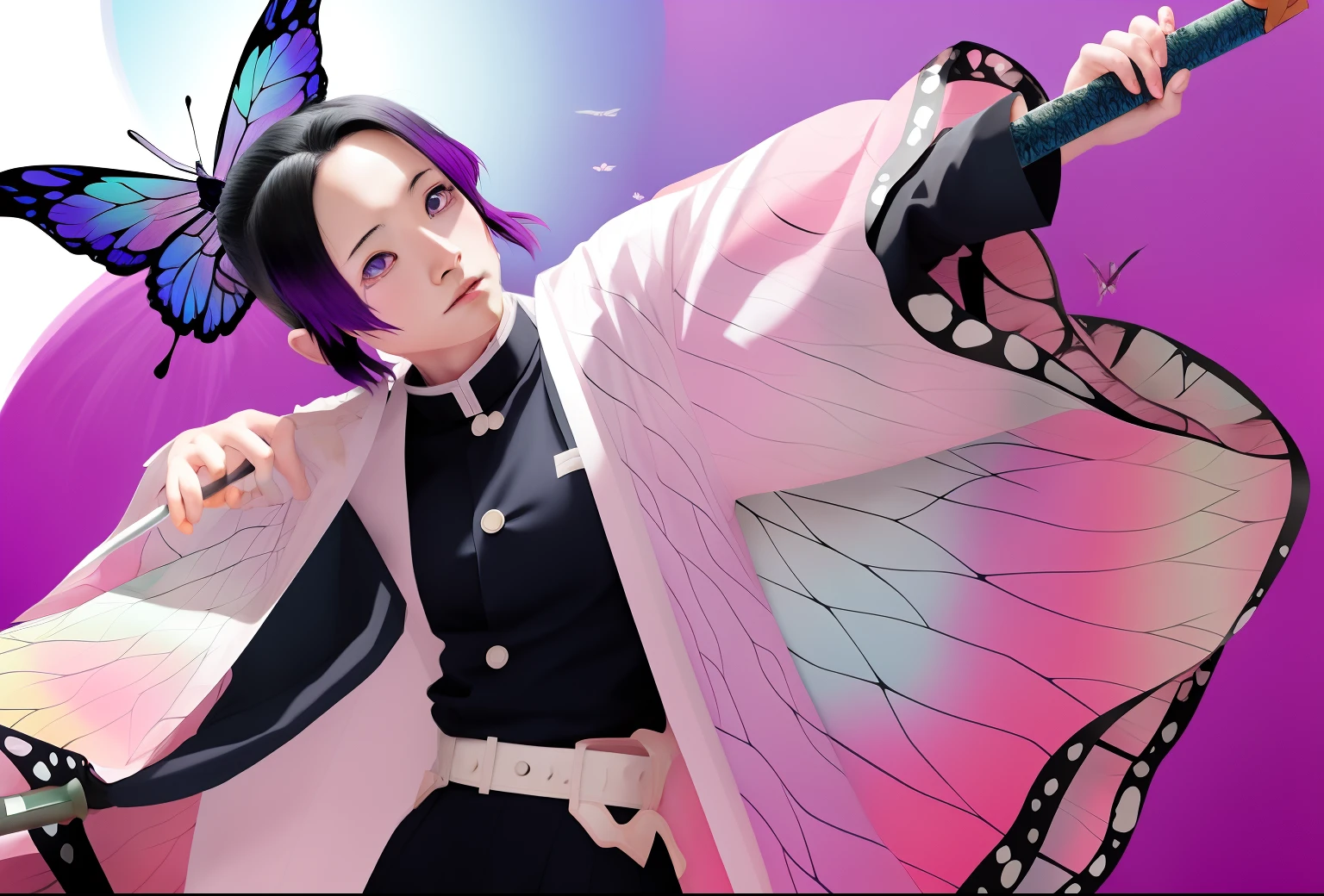 Anime character with butterfly wings holding butterfly wand in front of poster, demon slayer rui fanart, Kimetsu no Yaiba, demon slayer artstyle, inspired by Nishikawa Sukenobu, fox nobushi holding a naginata, Misato Katsuragi, inspired by Uragami Gyokudō